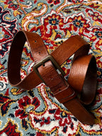 H&M Men's Cognac Brown Full Grain Leather Belt Antique Brass Buckle