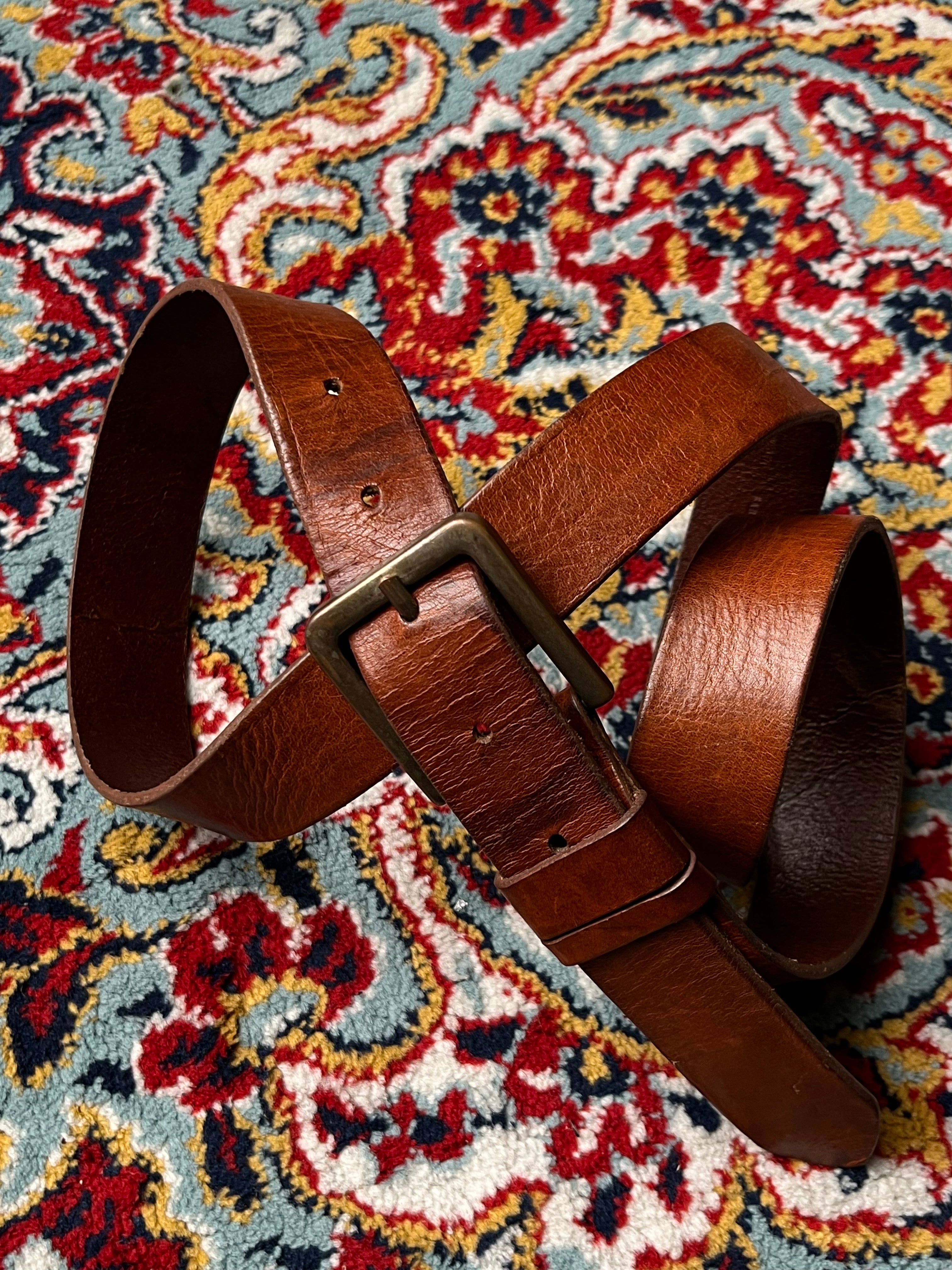 H&M Men's Cognac Brown Full Grain Leather Belt Antique Brass Buckle
