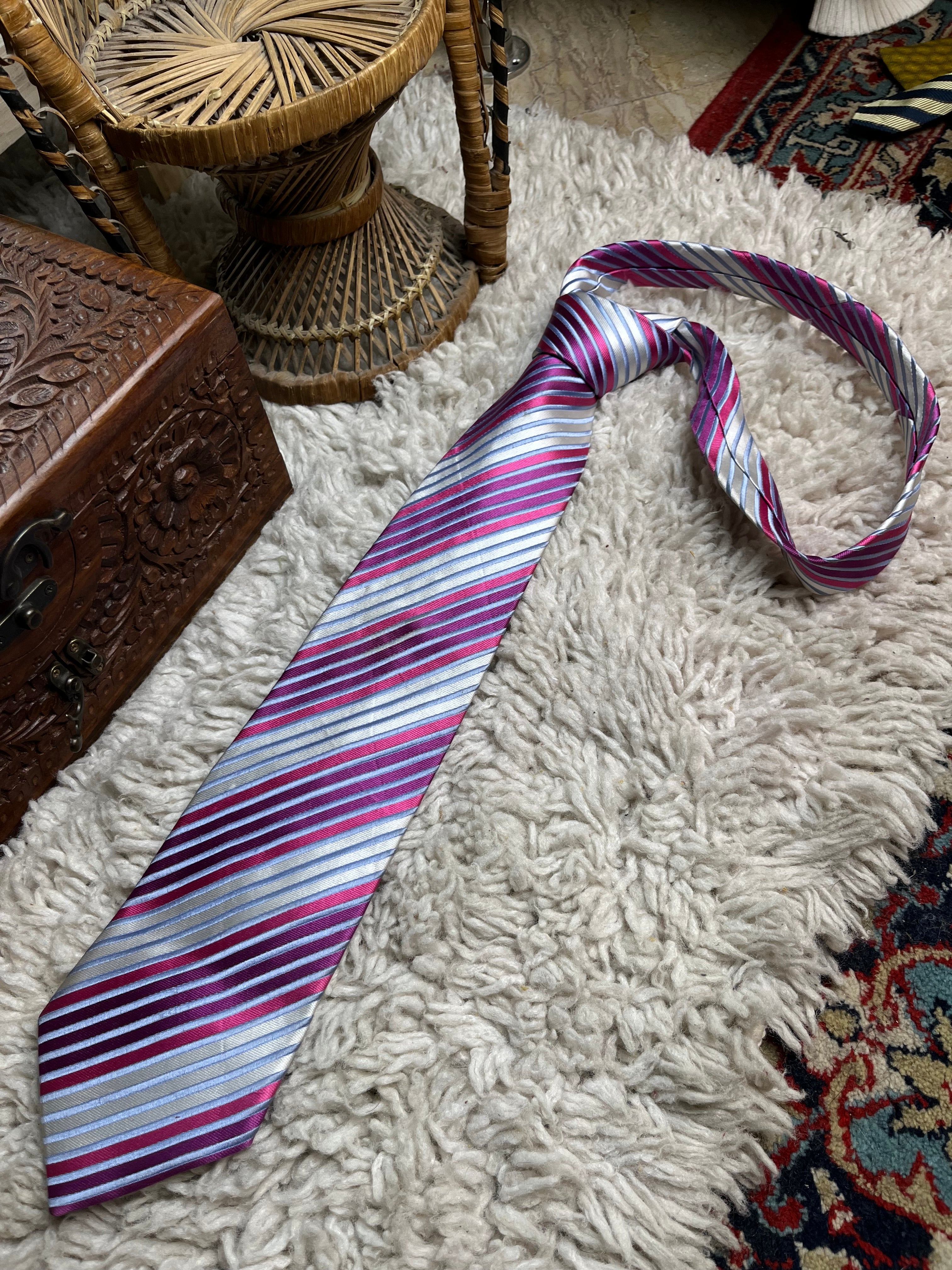 Daniel Hechter Silk Striped Tie – Pink, Silver & Lavender Diagonal Stripe