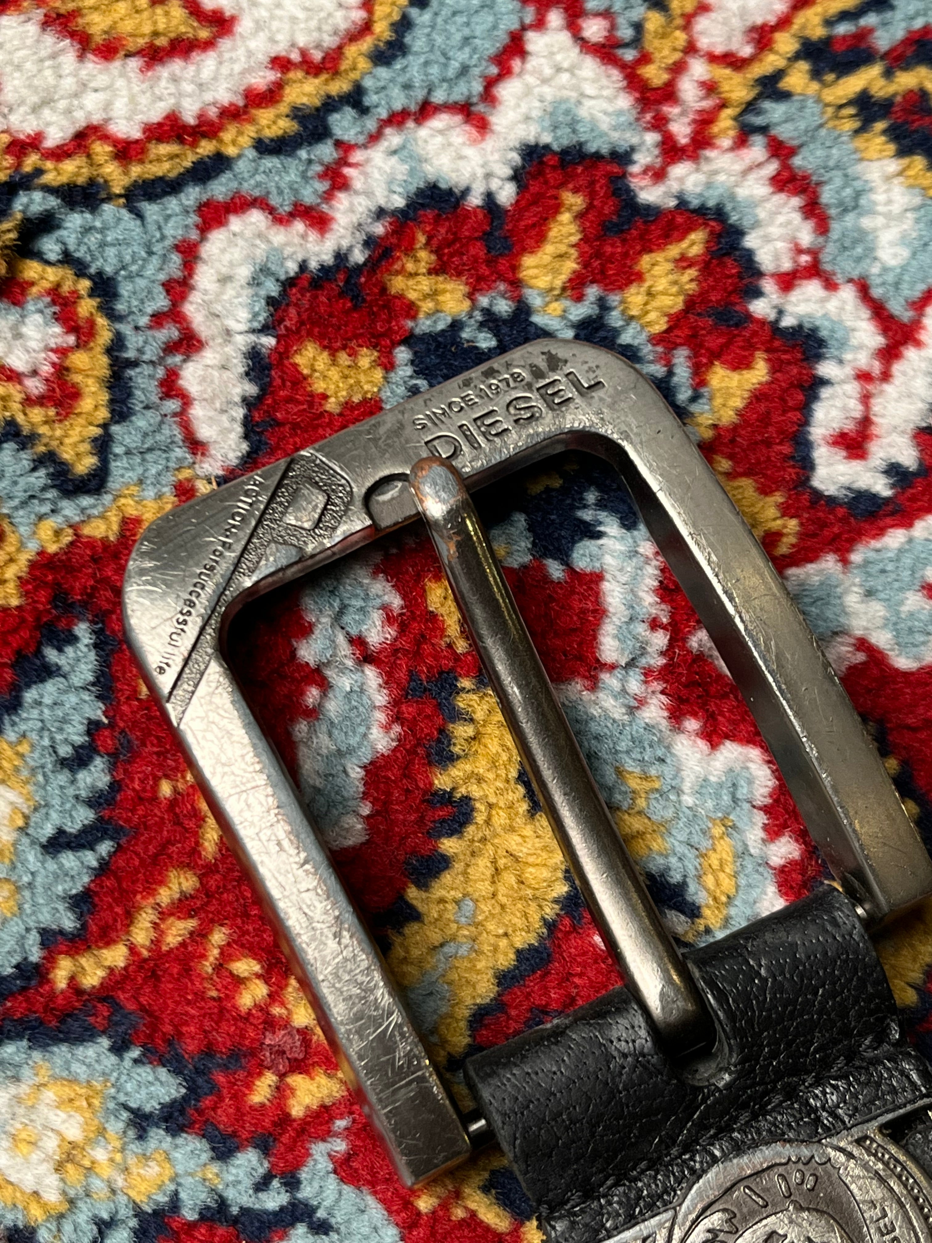 Diesel Black Leather Belt Only The Brave Mohican Logo Buckle