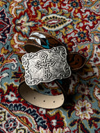 Western Cowboy Tooled Leather Belt Painted Feather Trophy Buckle Cross