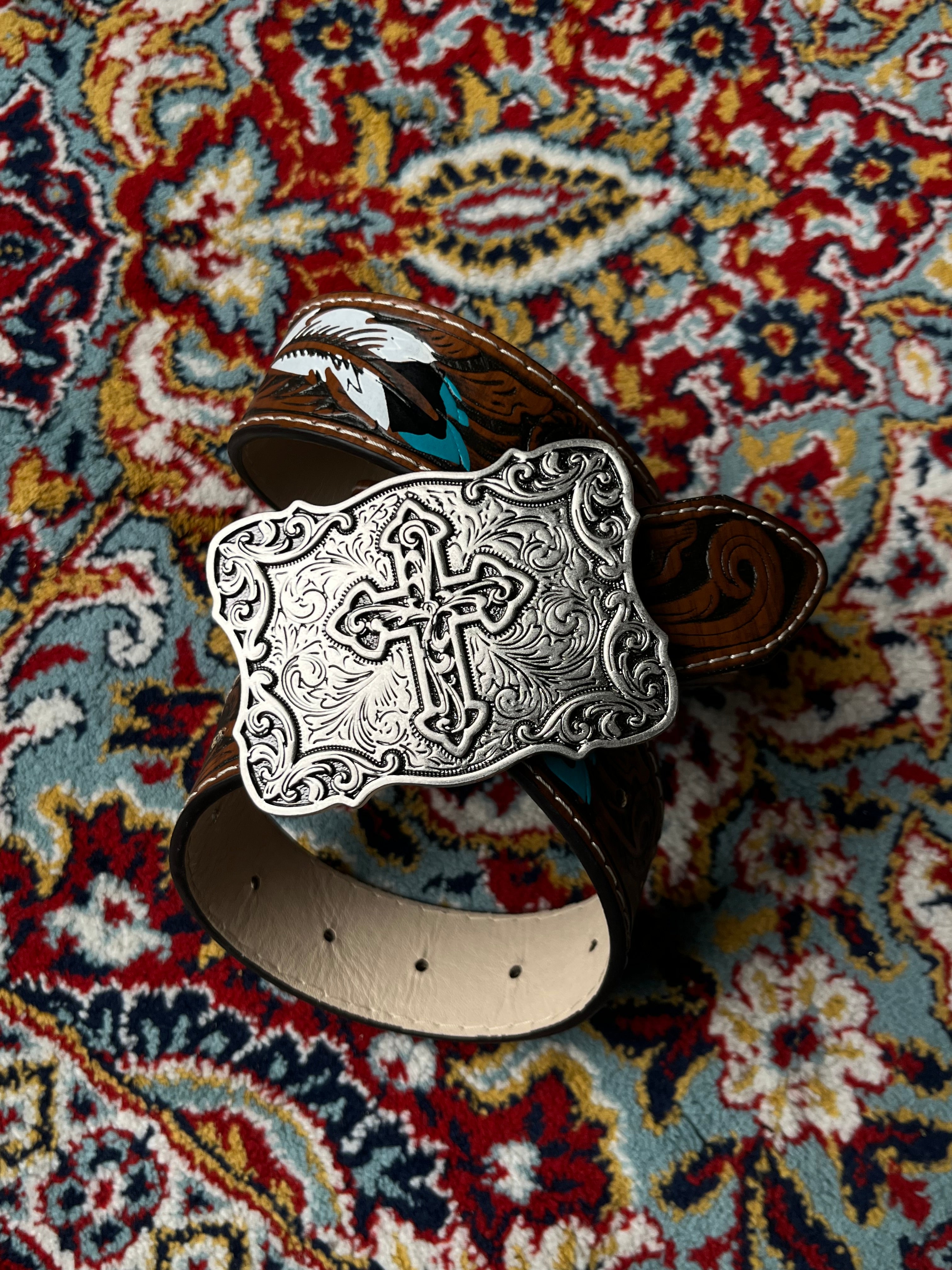 Western Cowboy Tooled Leather Belt Painted Feather Trophy Buckle Cross