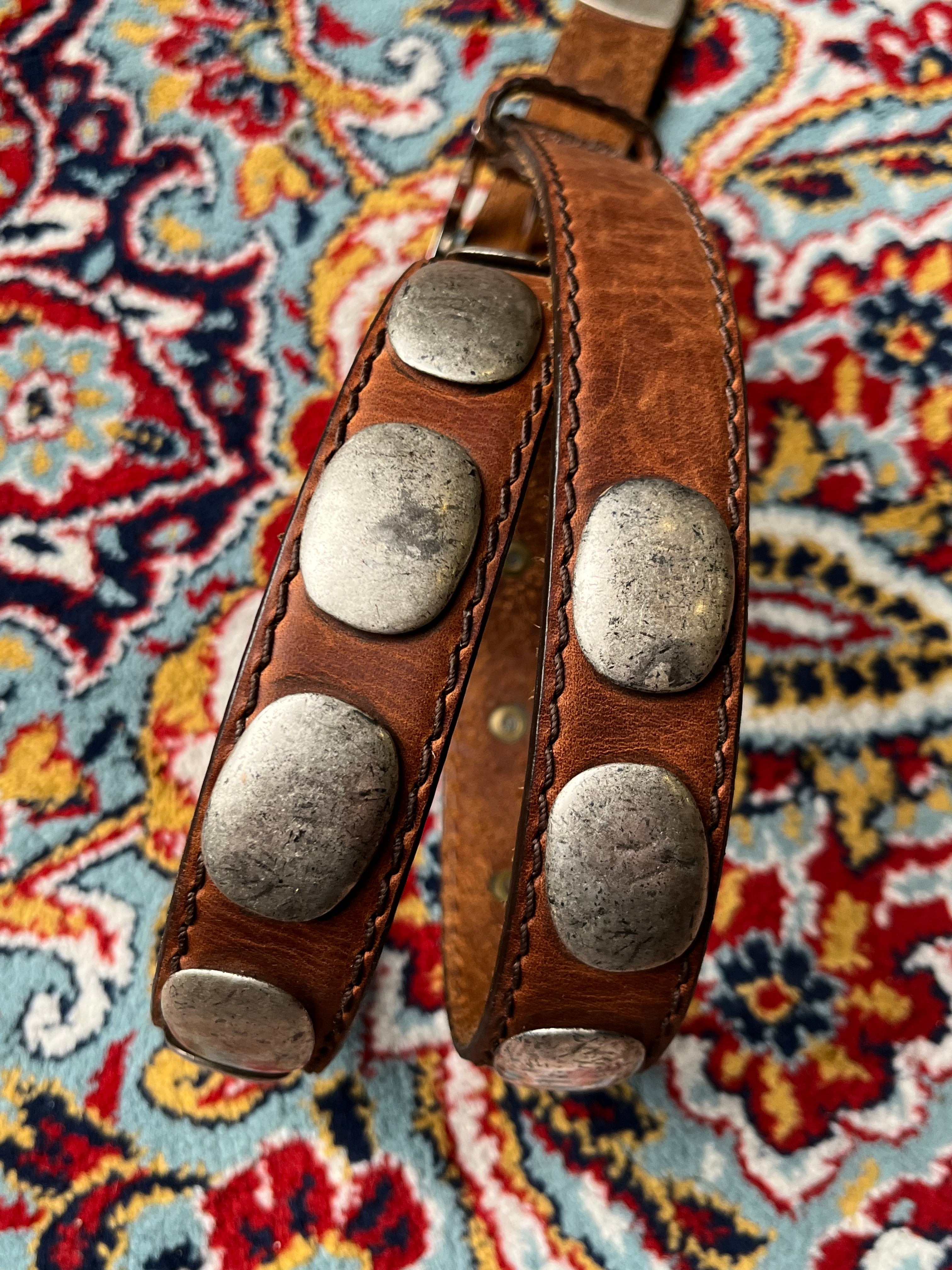 Vintage Southwestern Brown Leather Belt Oval Silver Conchos Studs