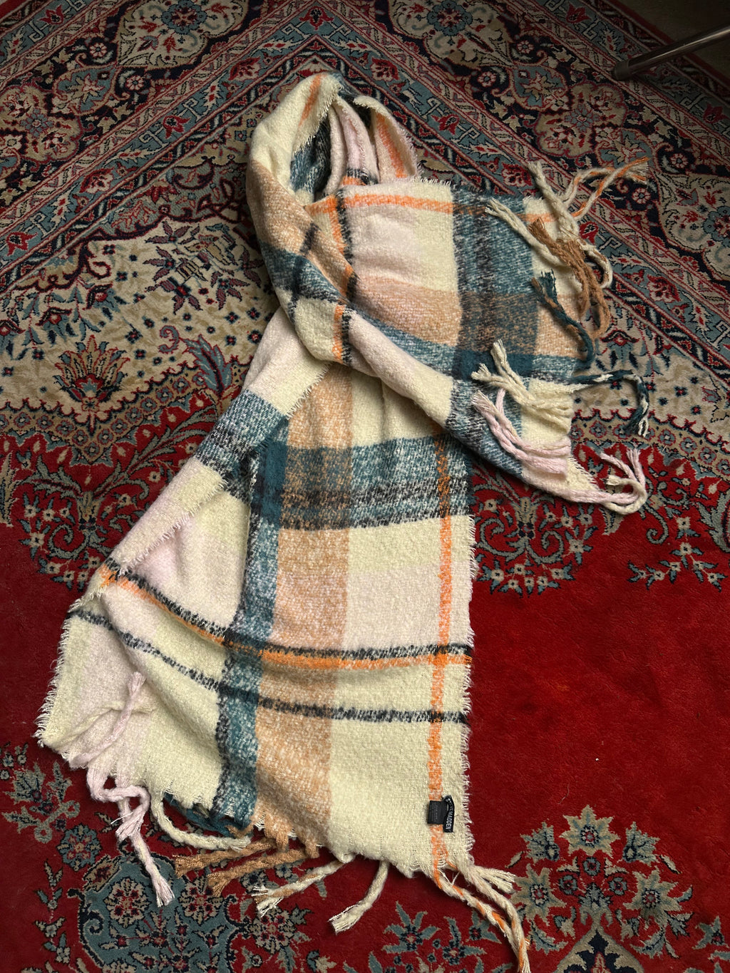 Steve Madden Oversized Plaid Scarf Muffler Cream Teal Fringe