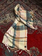 Steve Madden Oversized Plaid Scarf Muffler Cream Teal Fringe