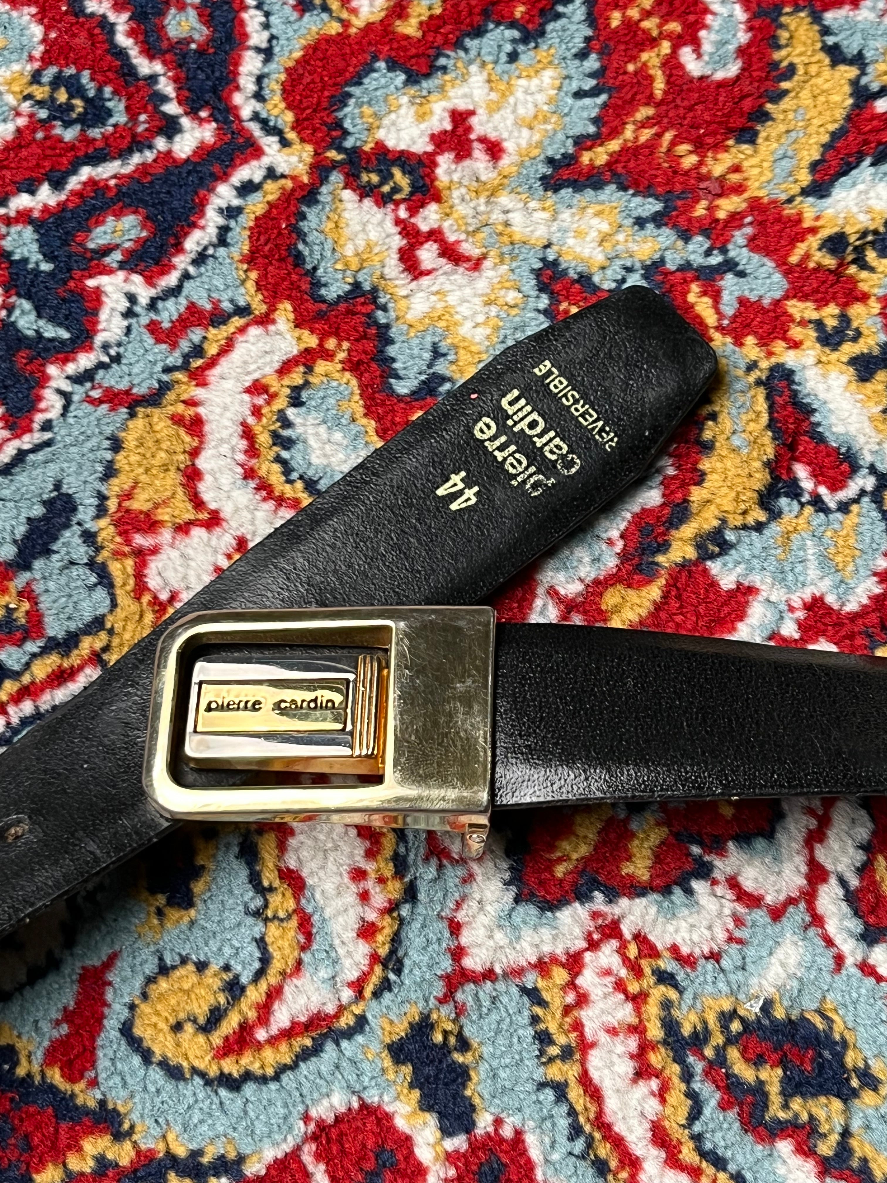 Vintage Pierre Cardin Double-Sided Black&Brown Genuine Leather Belt Gold Logo Buckle
