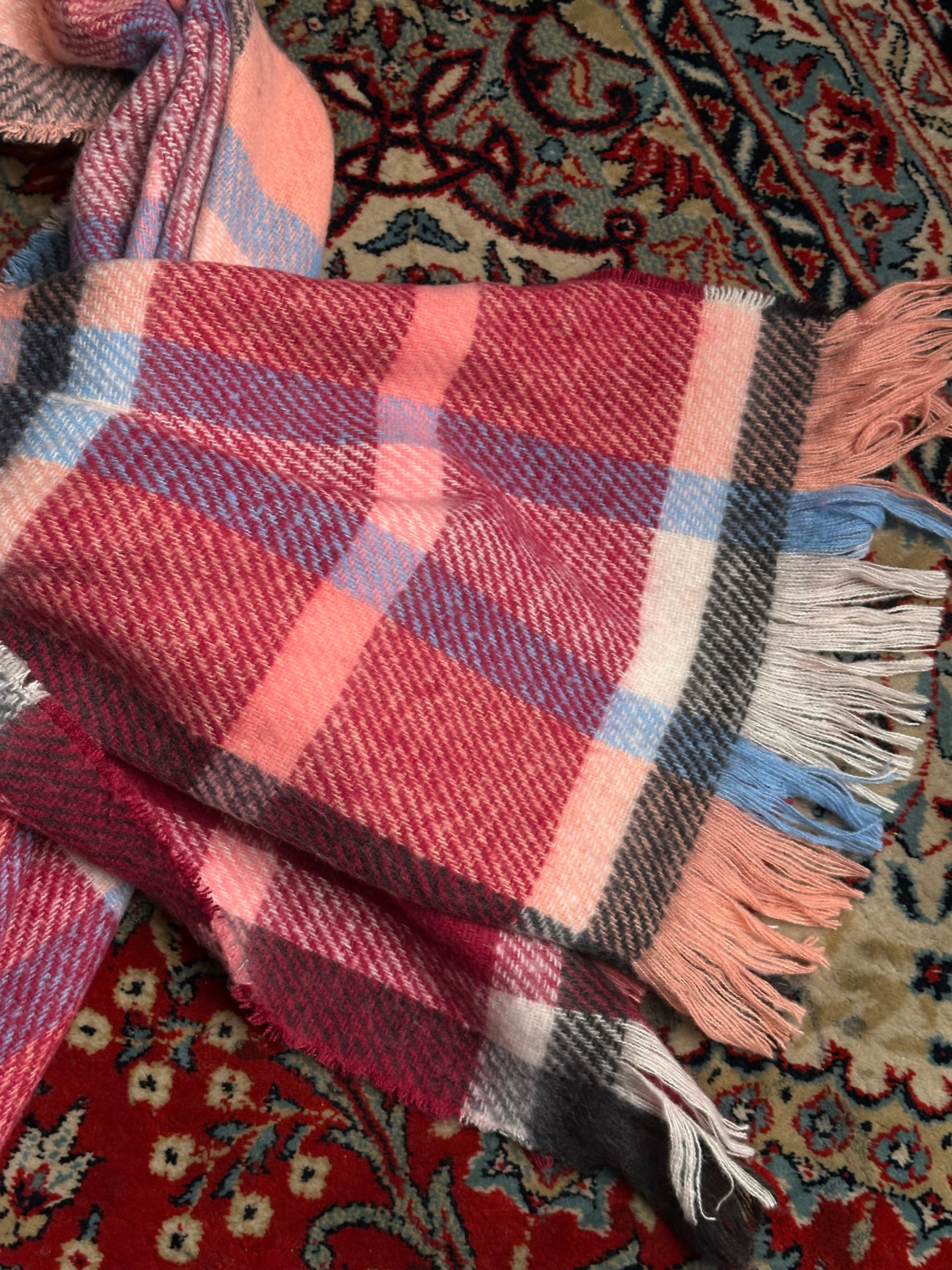A New Day Oversized Plaid Scarf Muffler Pink Blue Fringed Recycled Polyester