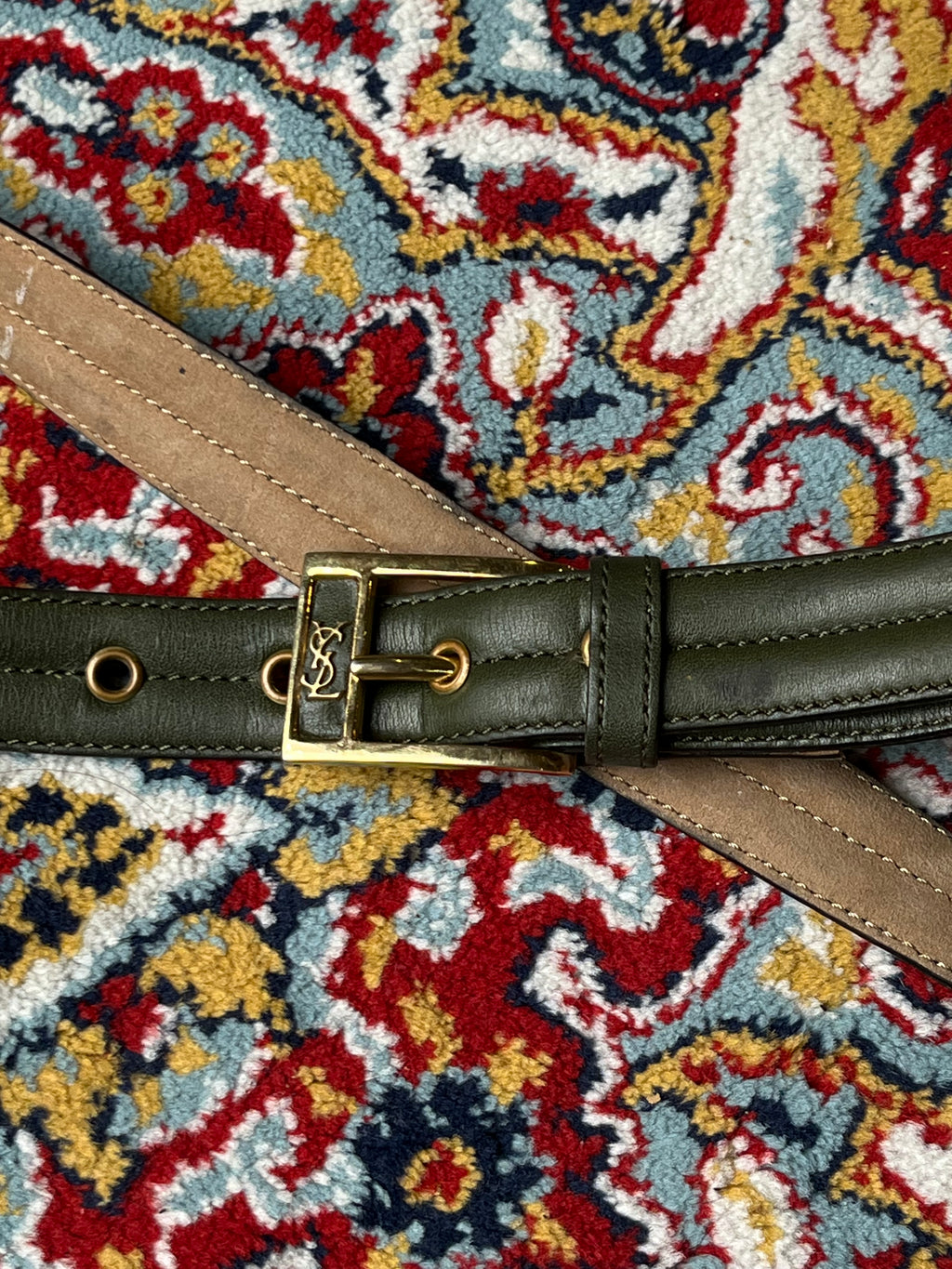 YSL Yves Saint Laurent Green Leather Grommet Belt