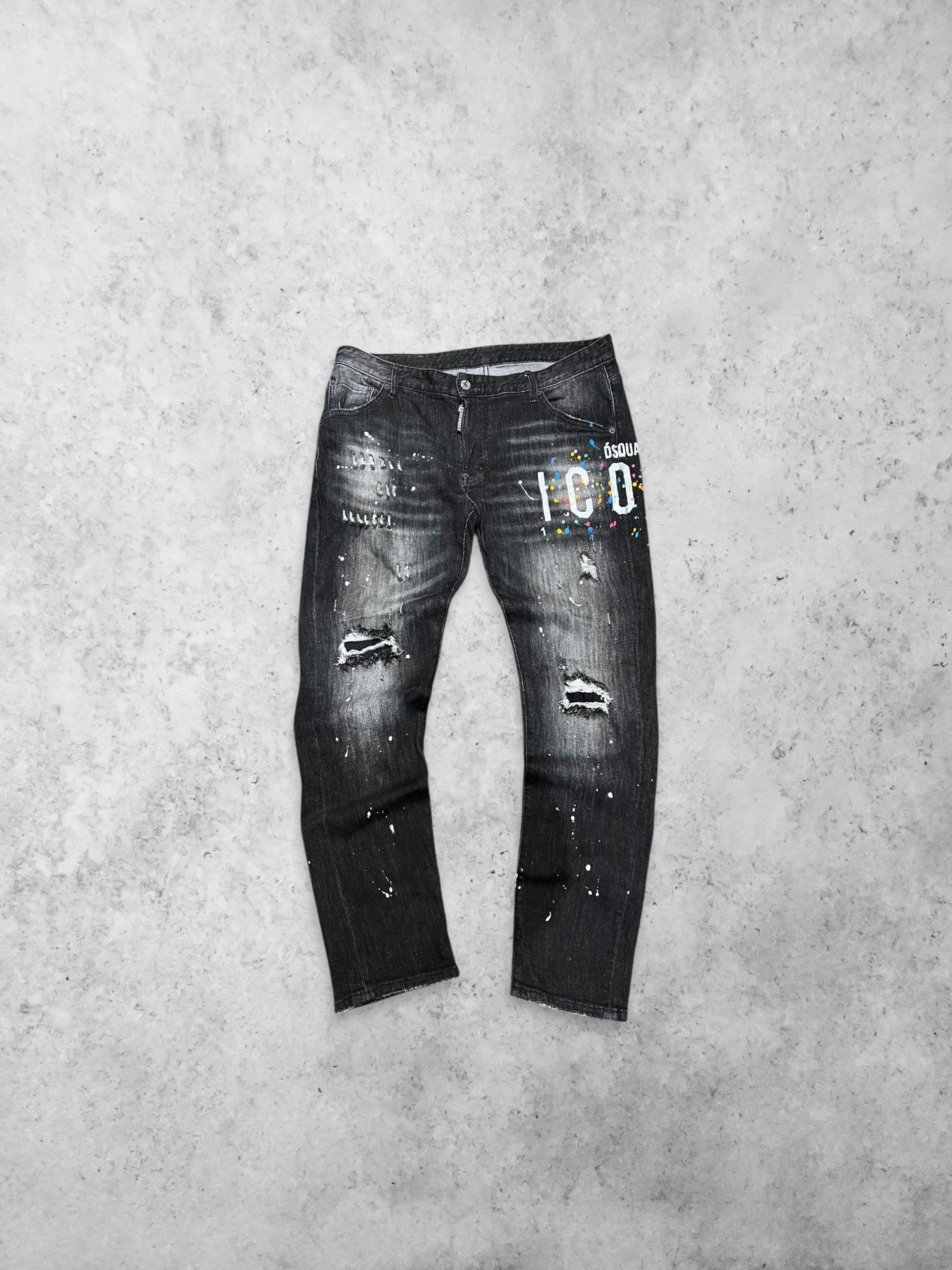 DSQUARED 2 ICON RIPPED SLIM/STRAIGHT PAINT SPLATTER LUXURY JEANS