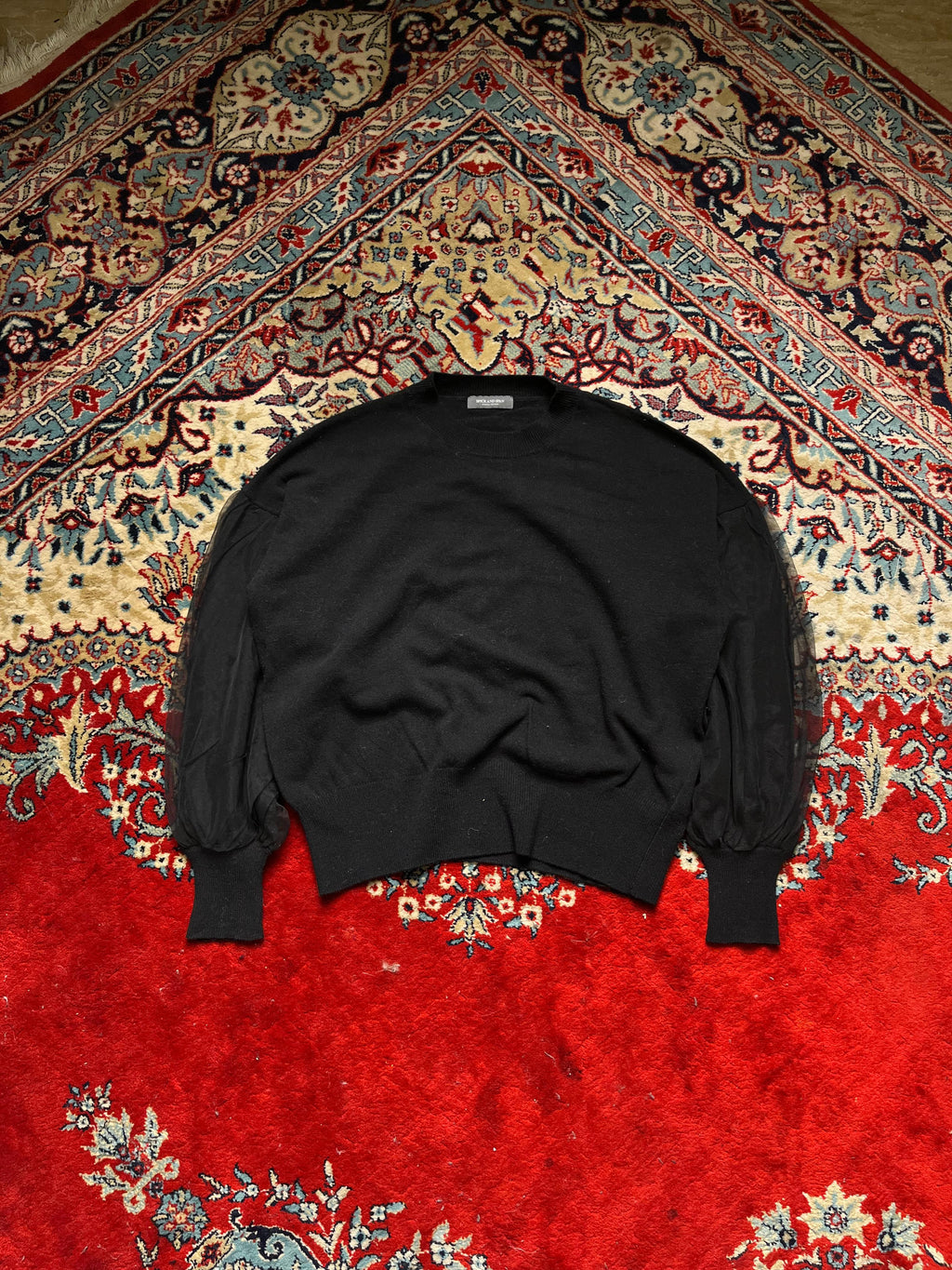 Spick and Spain Black Sweater with Sheer Balloon/Puff Sleeves