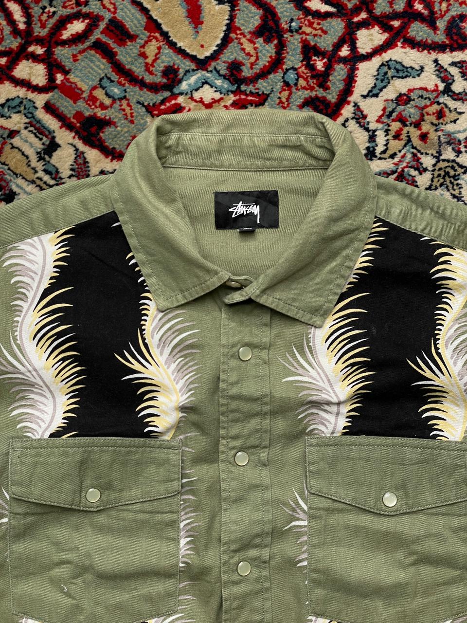 Stussy Olive Green Feather Panel Overshirt Shacket