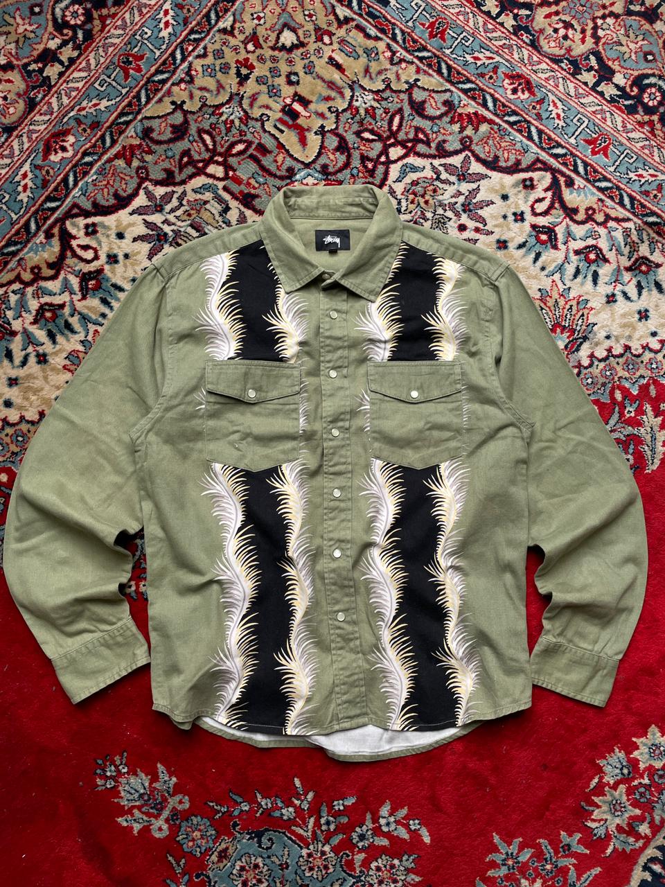 Stussy Olive Green Feather Panel Overshirt Shacket