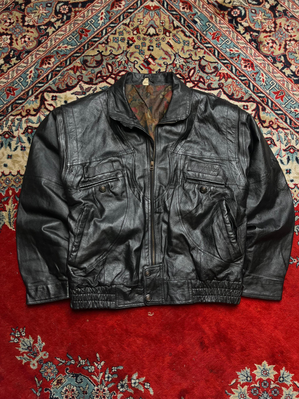 Vintage Black Genuine Leather Bomber Jacket with Patterned Lining
