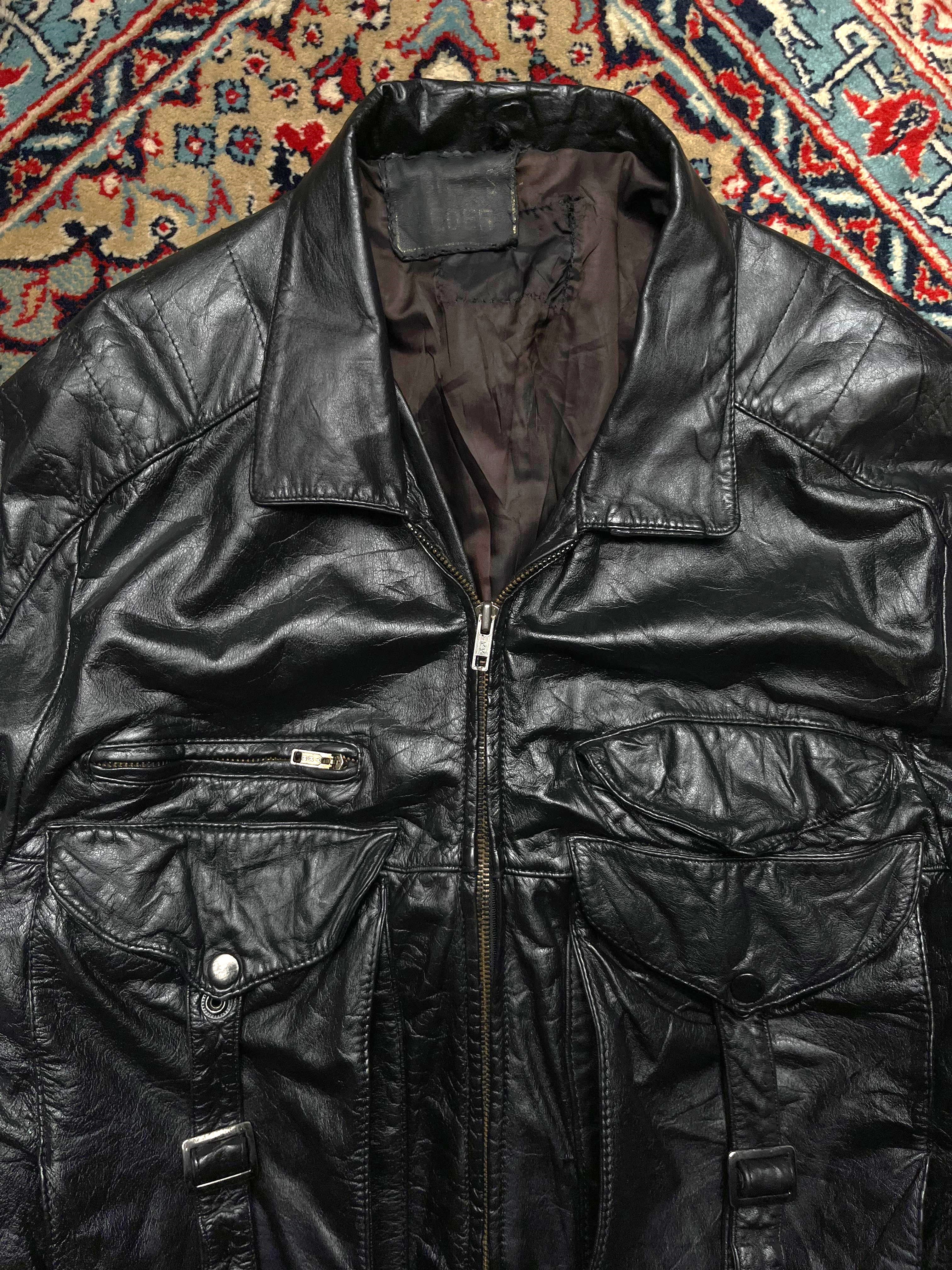 Vintage Black Leather Utility Multi-Pocket Jacket