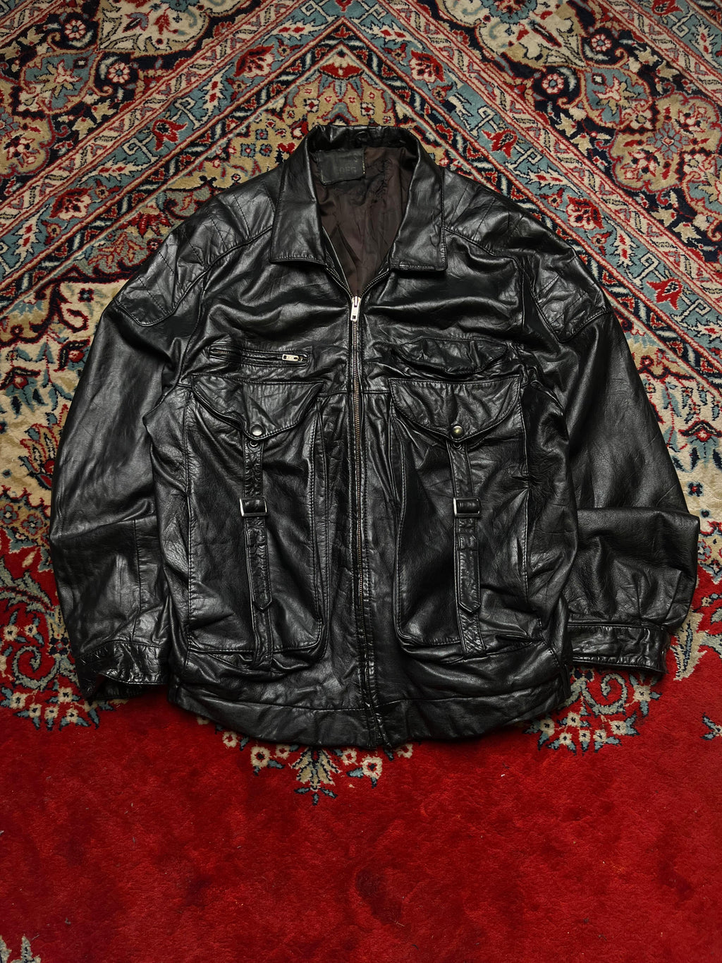 Vintage Black Leather Utility Multi-Pocket Jacket