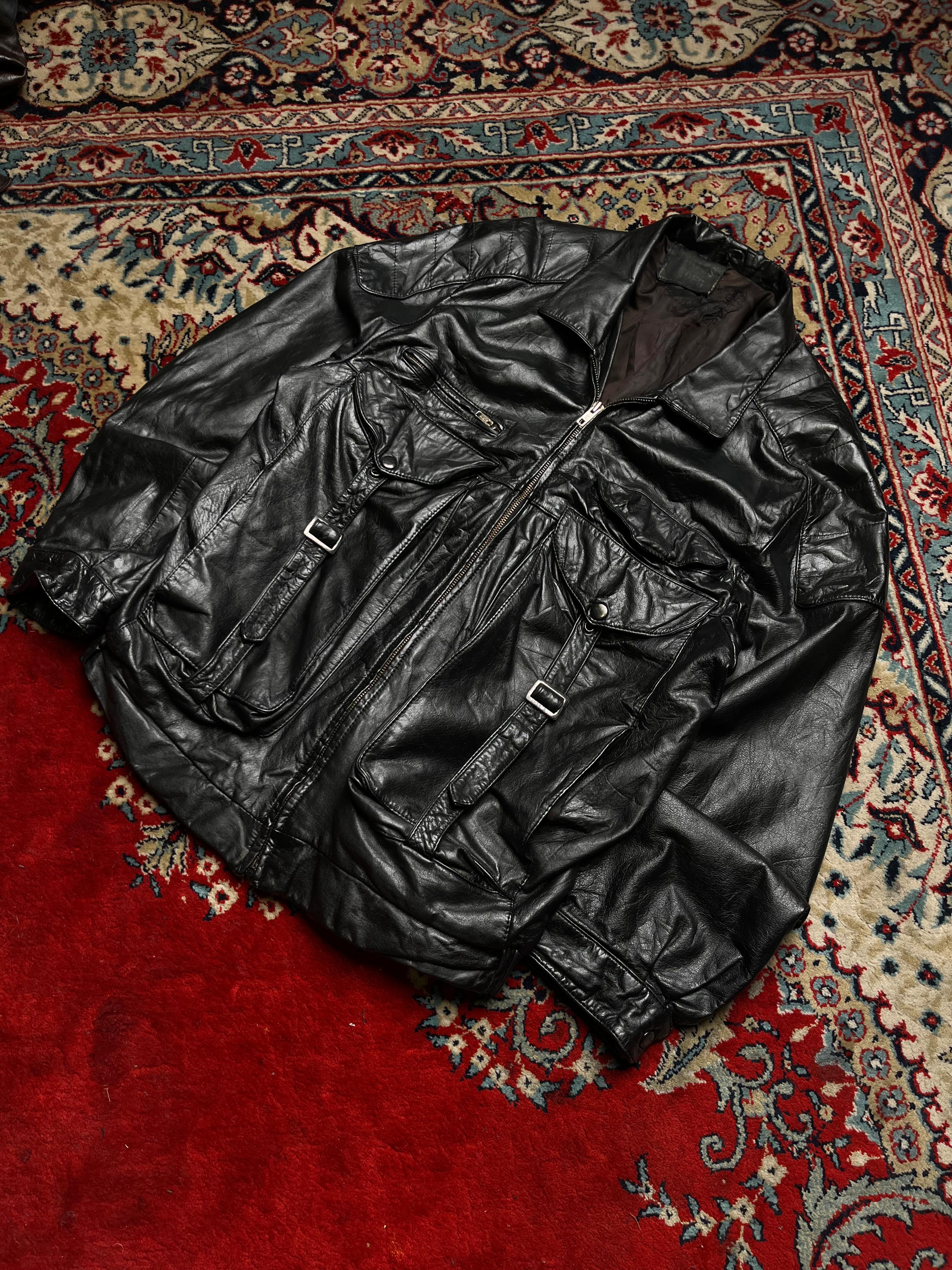 Vintage Black Leather Utility Multi-Pocket Jacket