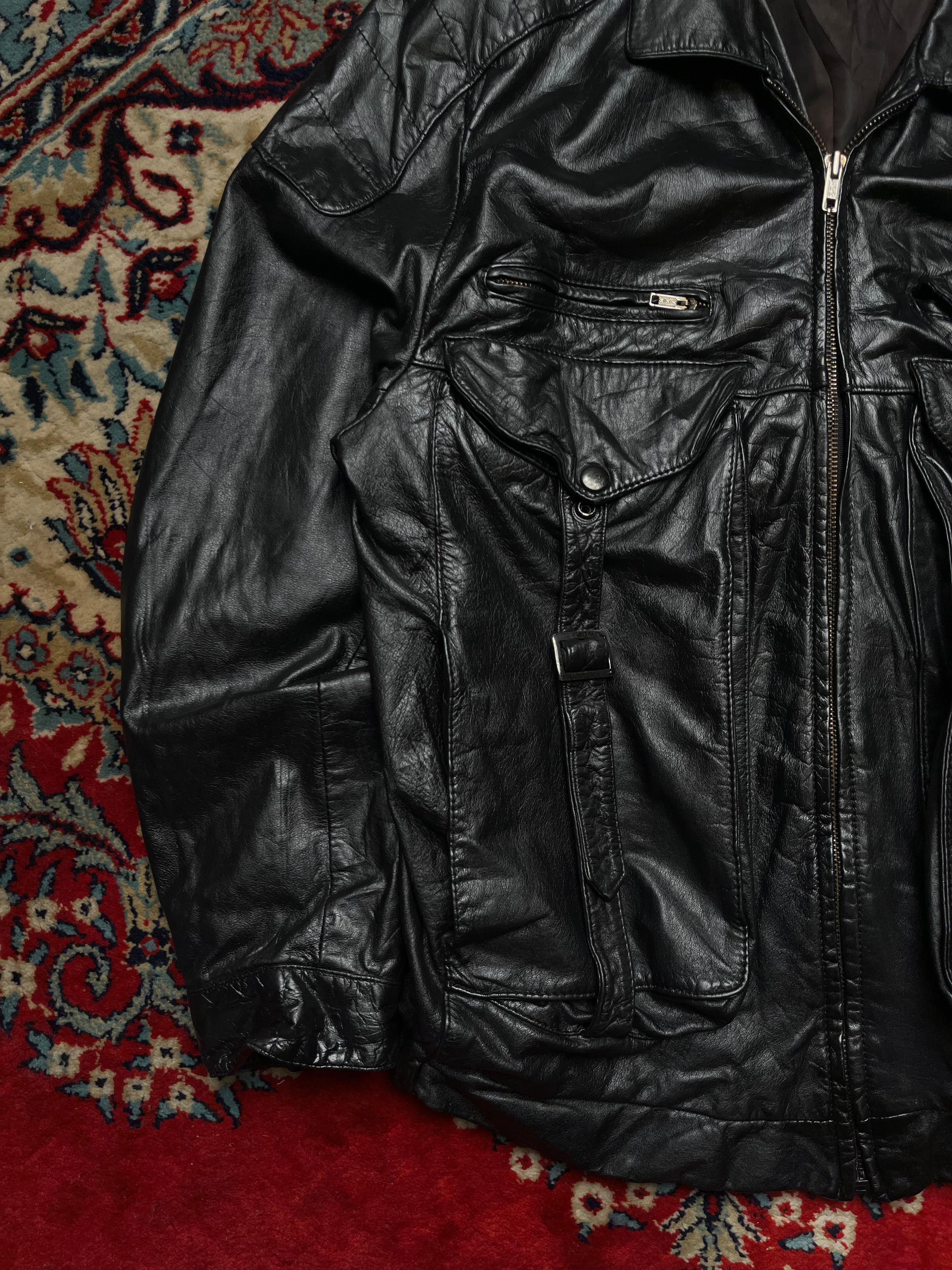 Vintage Black Leather Utility Multi-Pocket Jacket