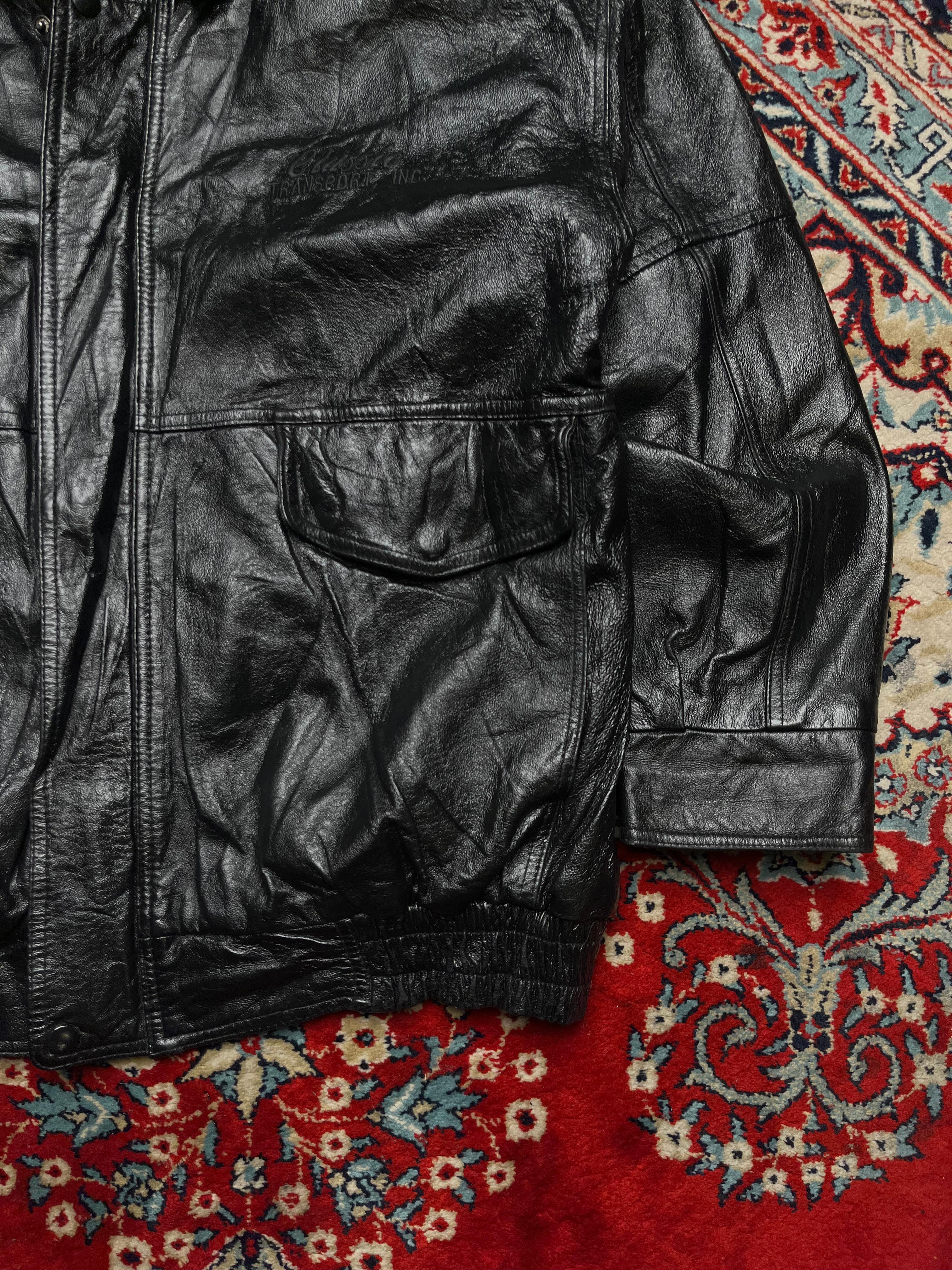 Burk’s Bay Black Leather Bomber Jacket with Map-Print Lining