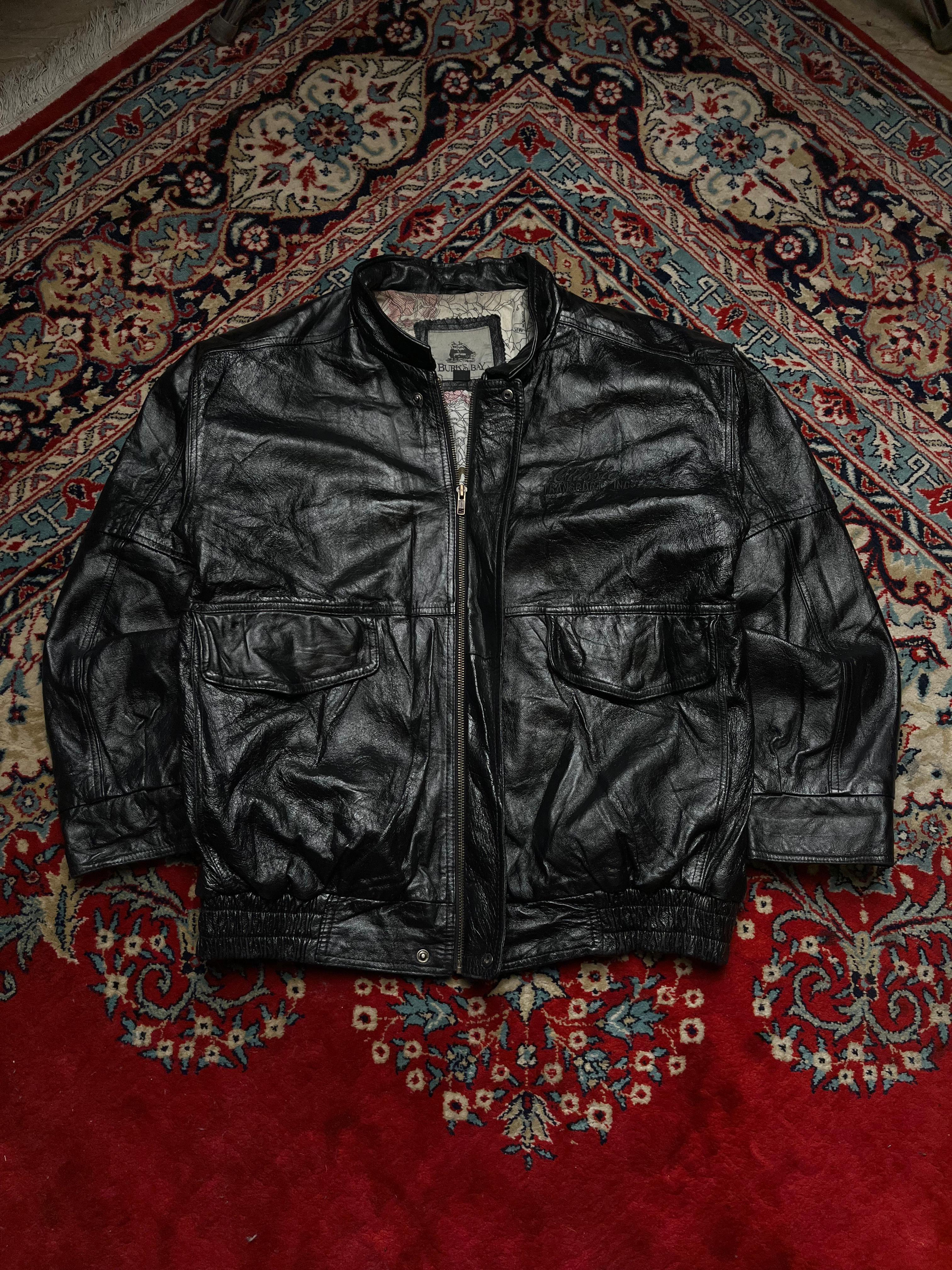 Burk's Bay Black Leather Bomber Jacket with Map-Print Lining