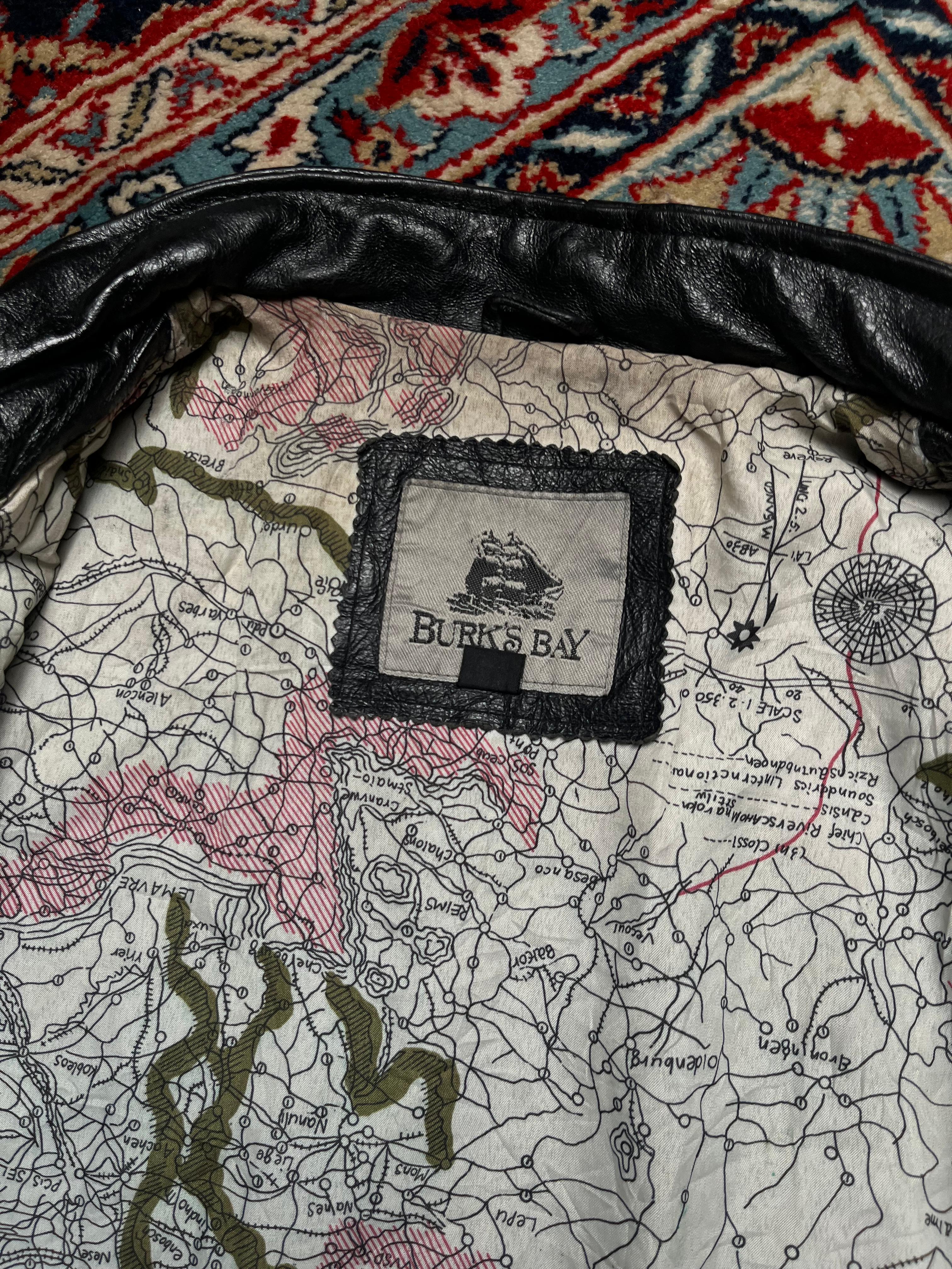 Burk’s Bay Black Leather Bomber Jacket with Map-Print Lining