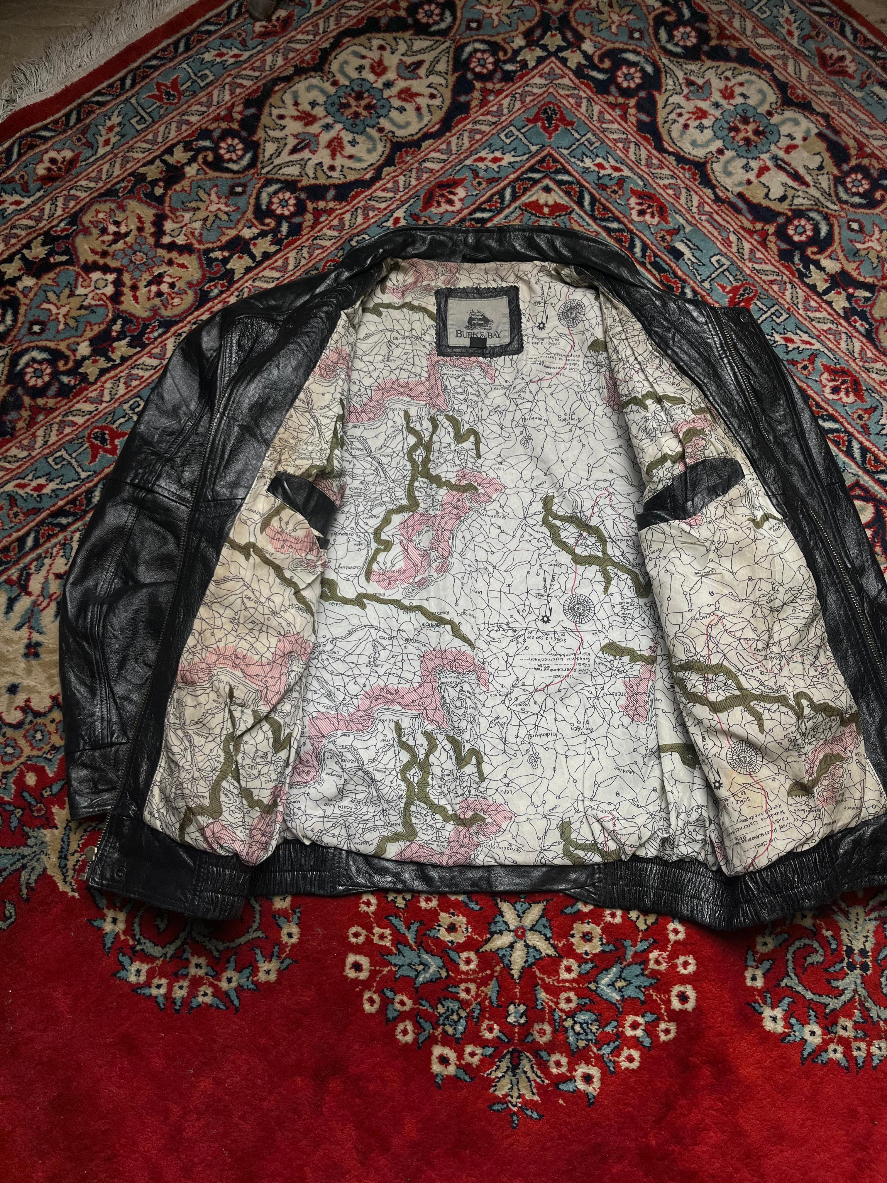 Burk’s Bay Black Leather Bomber Jacket with Map-Print Lining