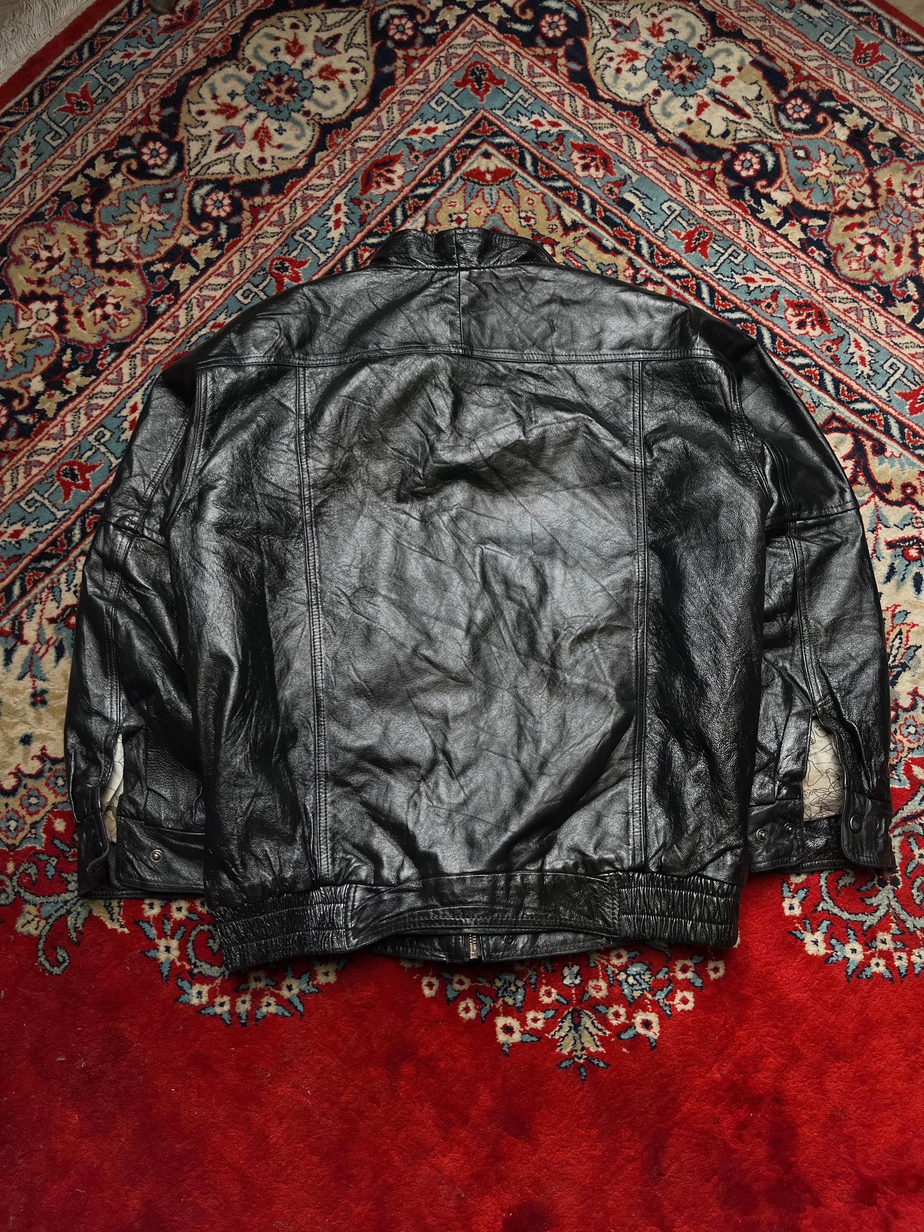 Burk’s Bay Black Leather Bomber Jacket with Map-Print Lining