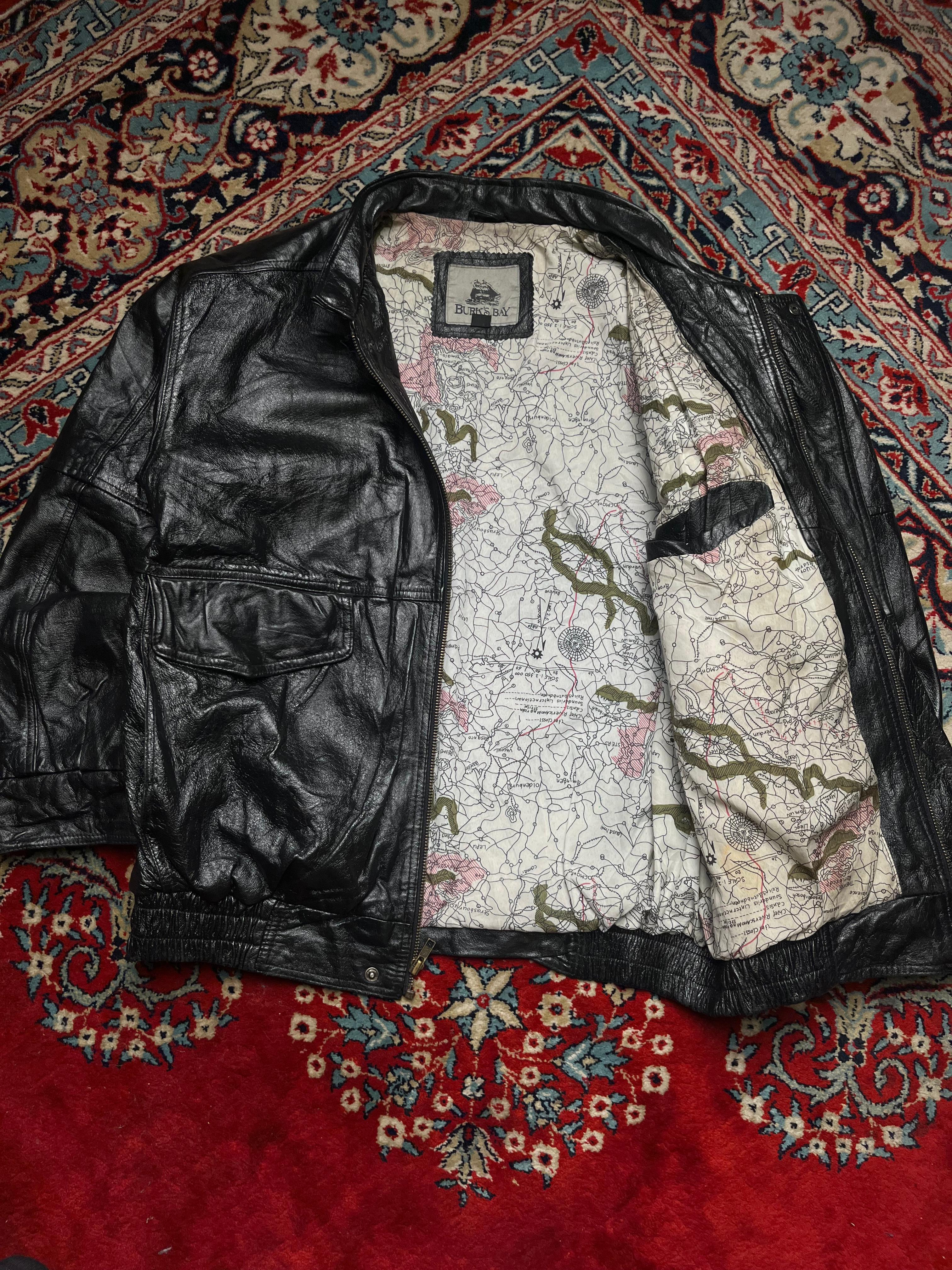 Burk’s Bay Black Leather Bomber Jacket with Map-Print Lining