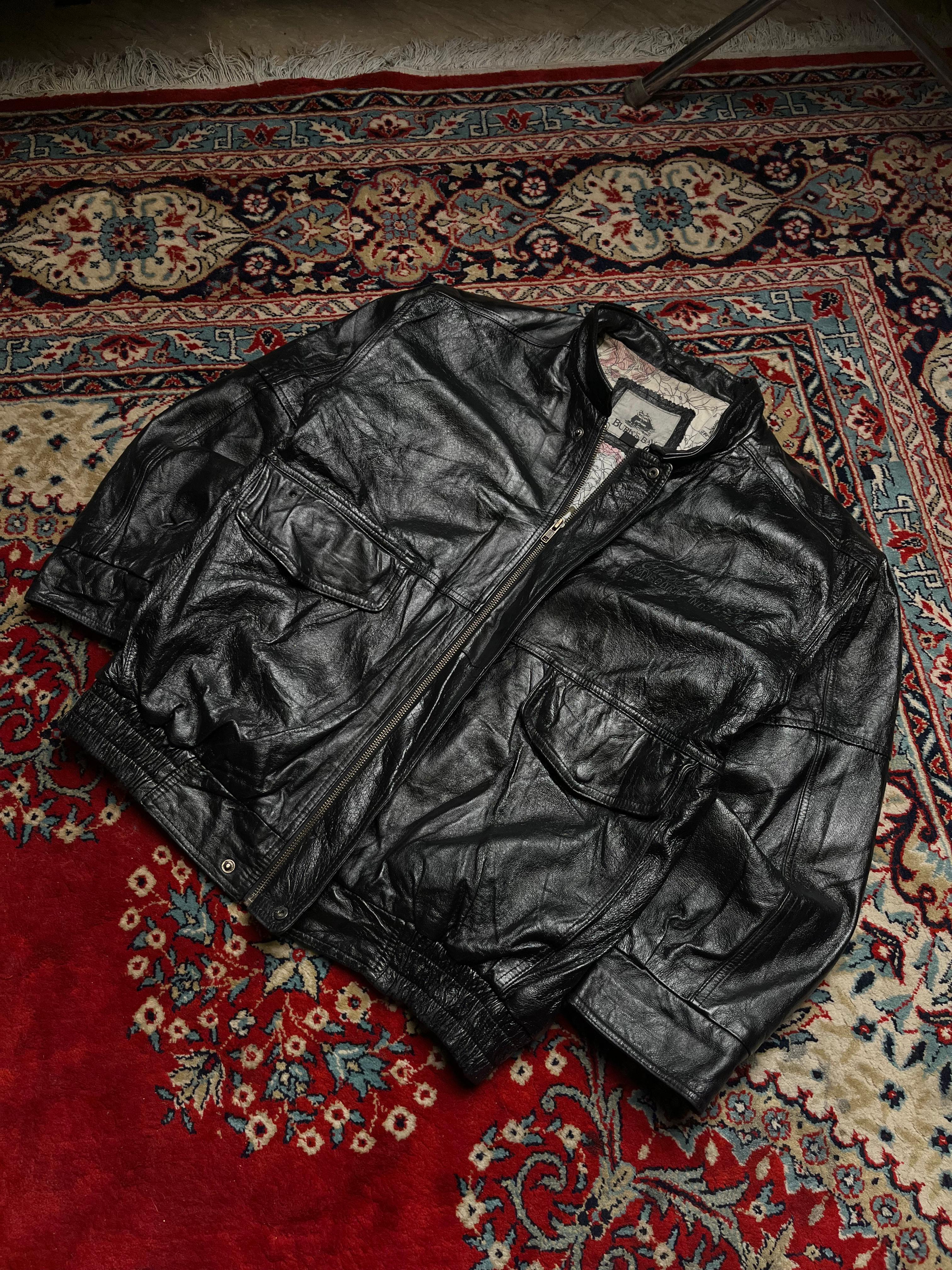 Burk’s Bay Black Leather Bomber Jacket with Map-Print Lining