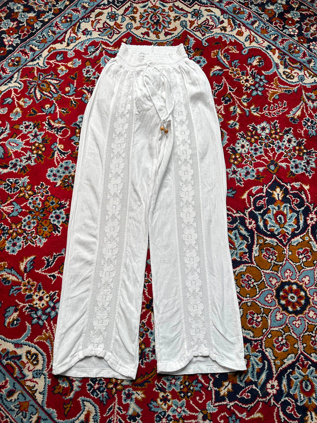 Women White Floral Lace Panel Wide Fit Beach Trousers - 24