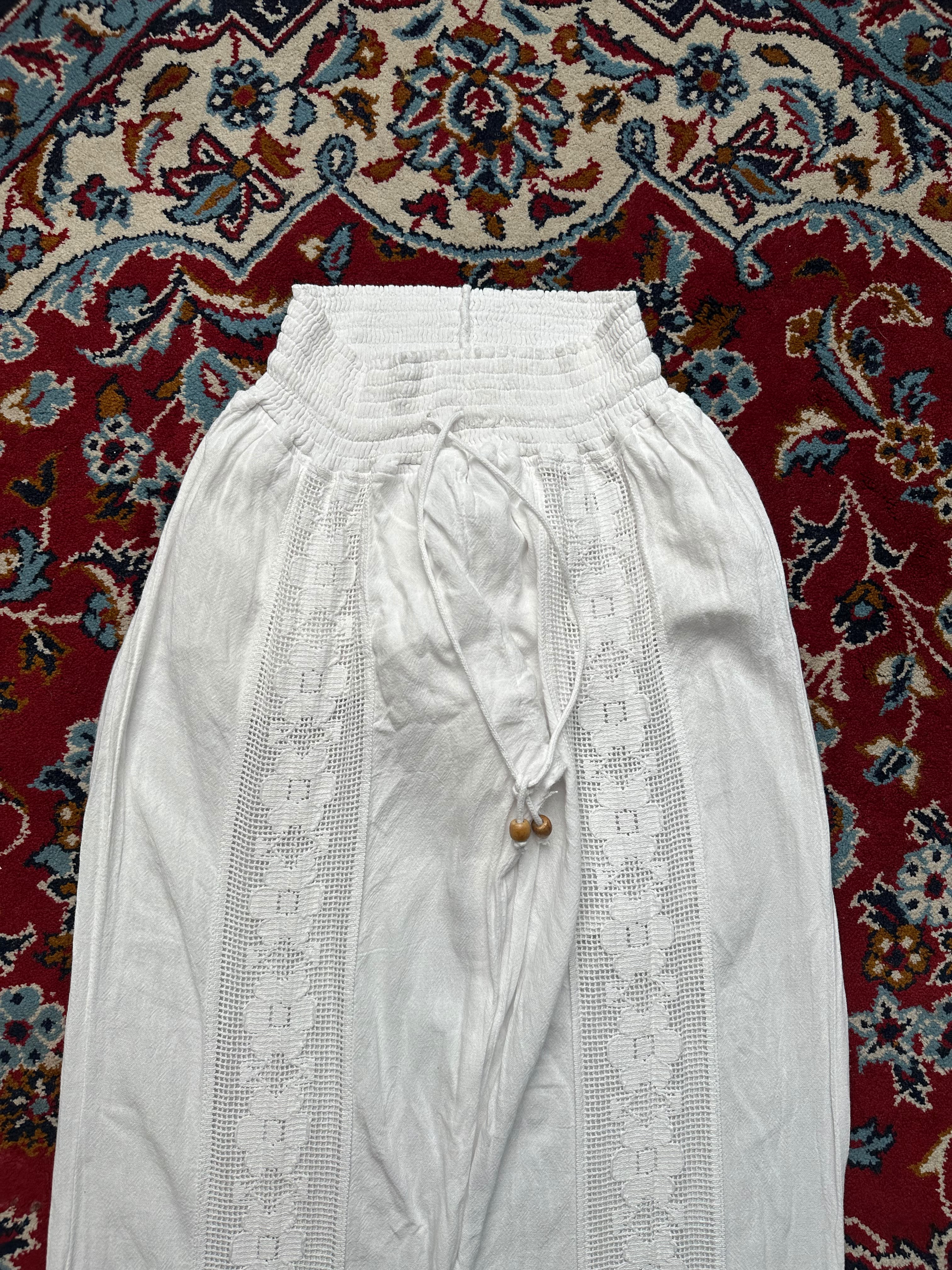 Women White Floral Lace Panel Wide Fit Beach Trousers - 24