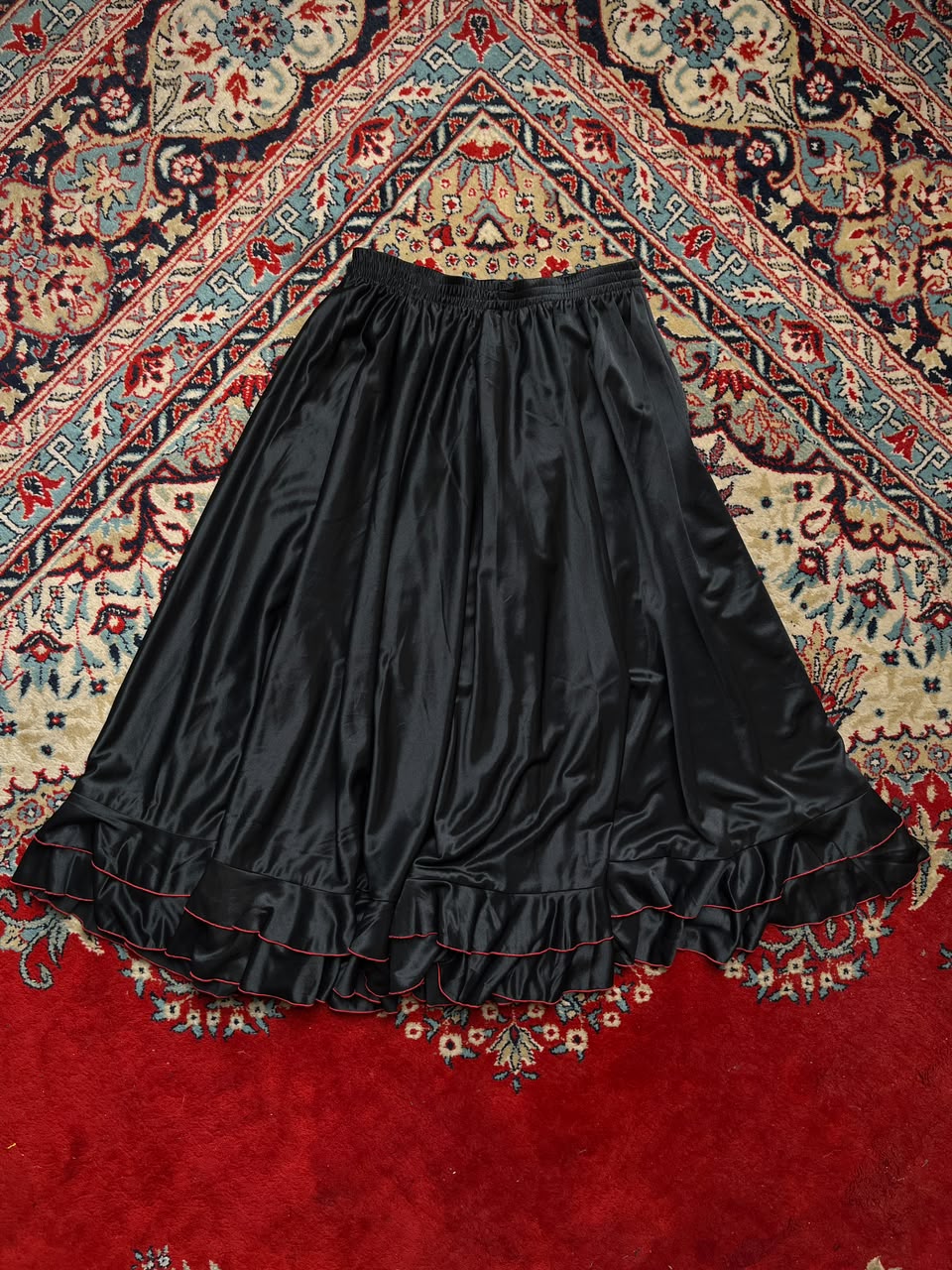 Vintage Shiny Black Satin Flounced Hem Maxi Skirt - 26