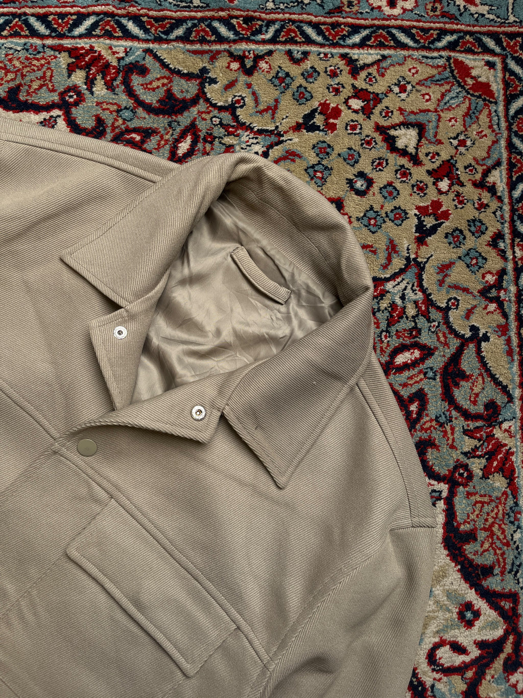 Minimalist Snap Button Workwear Twill BEIGE Overshirt Jacket - L