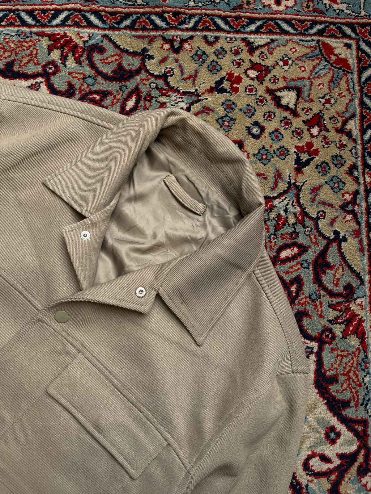 Minimalist Snap Button Workwear Twill BEIGE Overshirt Jacket - L