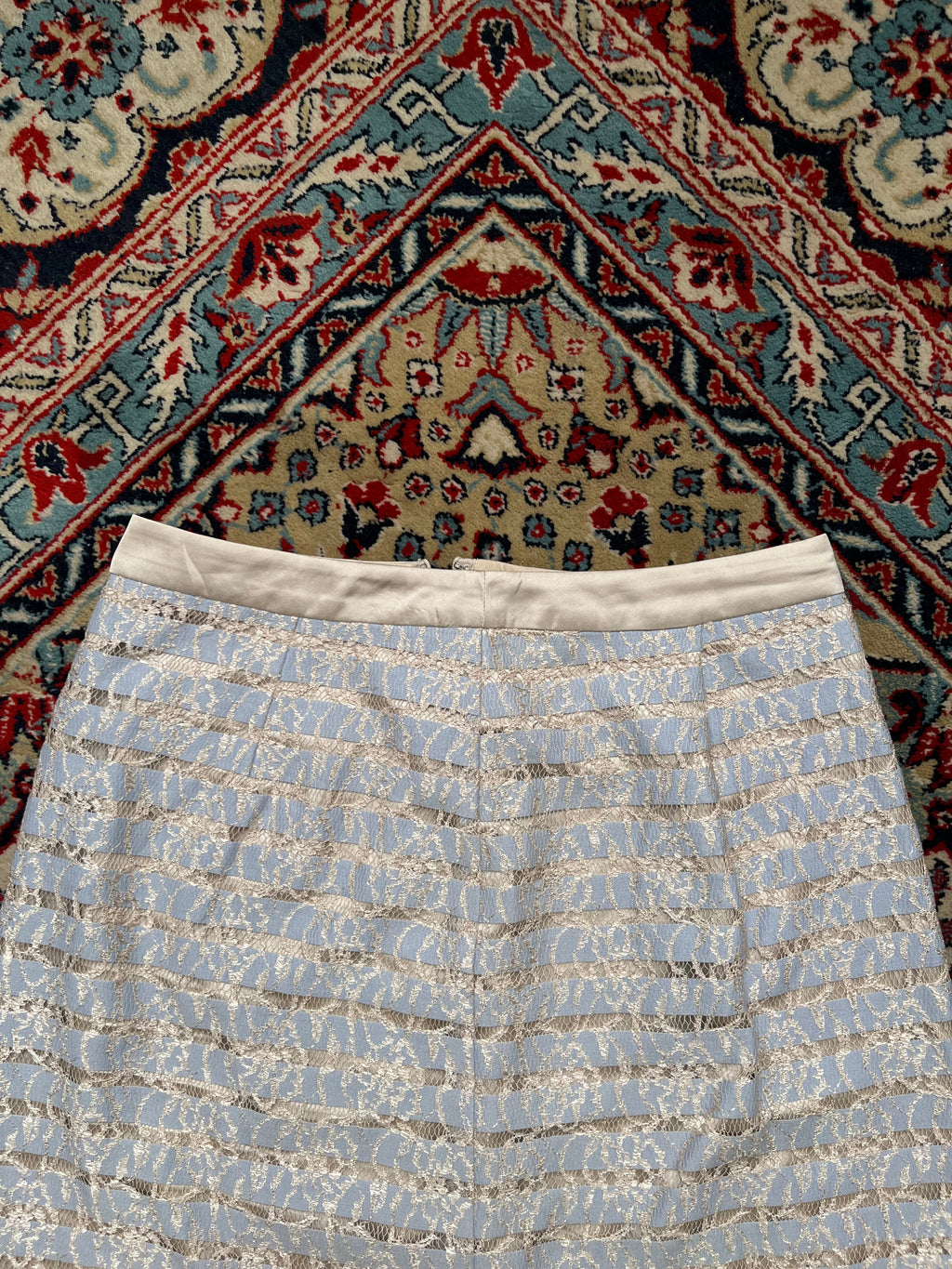 SOUP Women Light Blue Gold Floral Lace Overlay Striped Skirt - 26