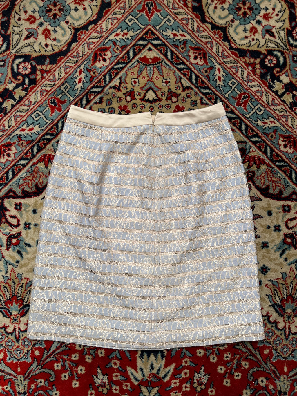 SOUP Women Light Blue Gold Floral Lace Overlay Striped Skirt - 26