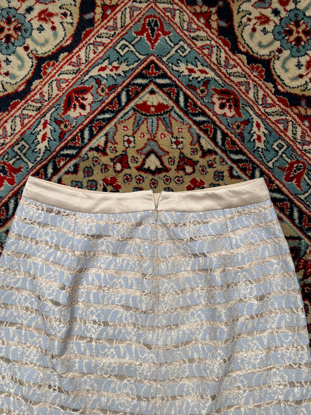 SOUP Women Light Blue Gold Floral Lace Overlay Striped Skirt - 26