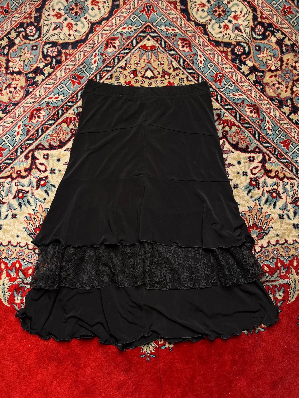 Vintage Black Tiered Ruffle Lace Skirt - 28