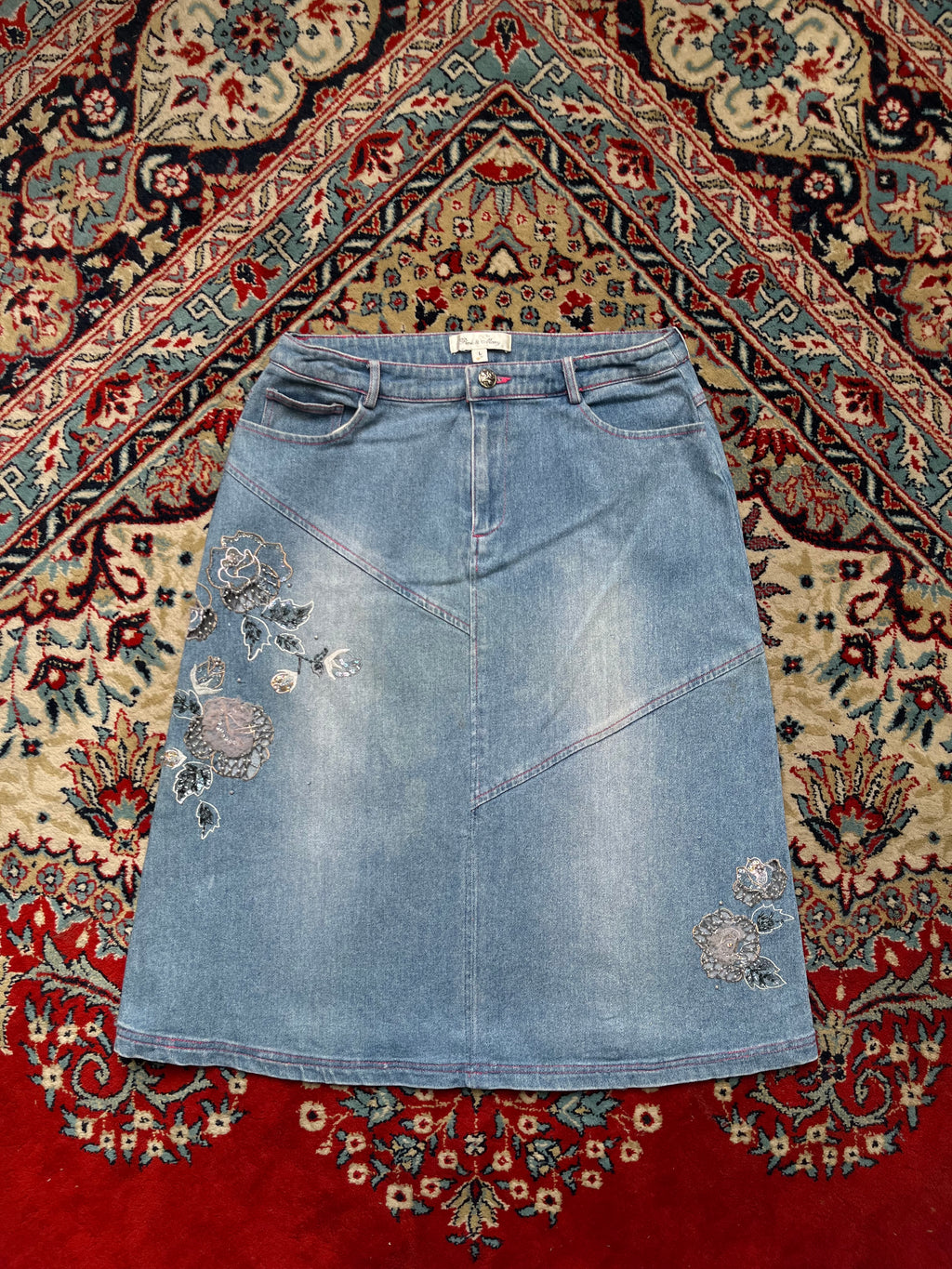 Pink & Mary Light WashED Sequined Beaded Embroidered Floral Denim Skirt - 28
