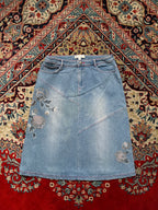 Pink & Mary Light WashED Sequined Beaded Embroidered Floral Denim Skirt - 28