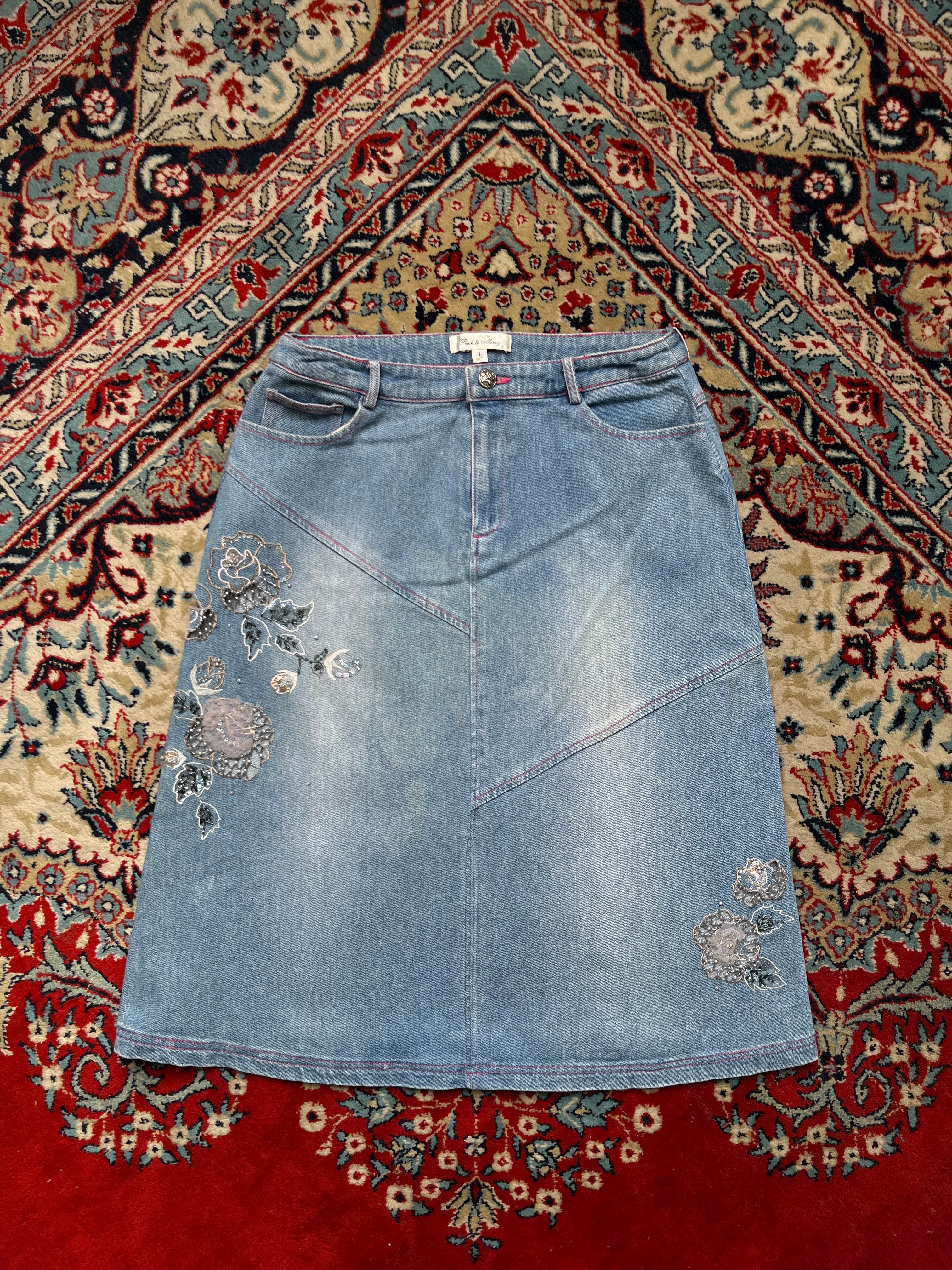 Pink & Mary Light WashED Sequined Beaded Embroidered Floral Denim Skirt - 28