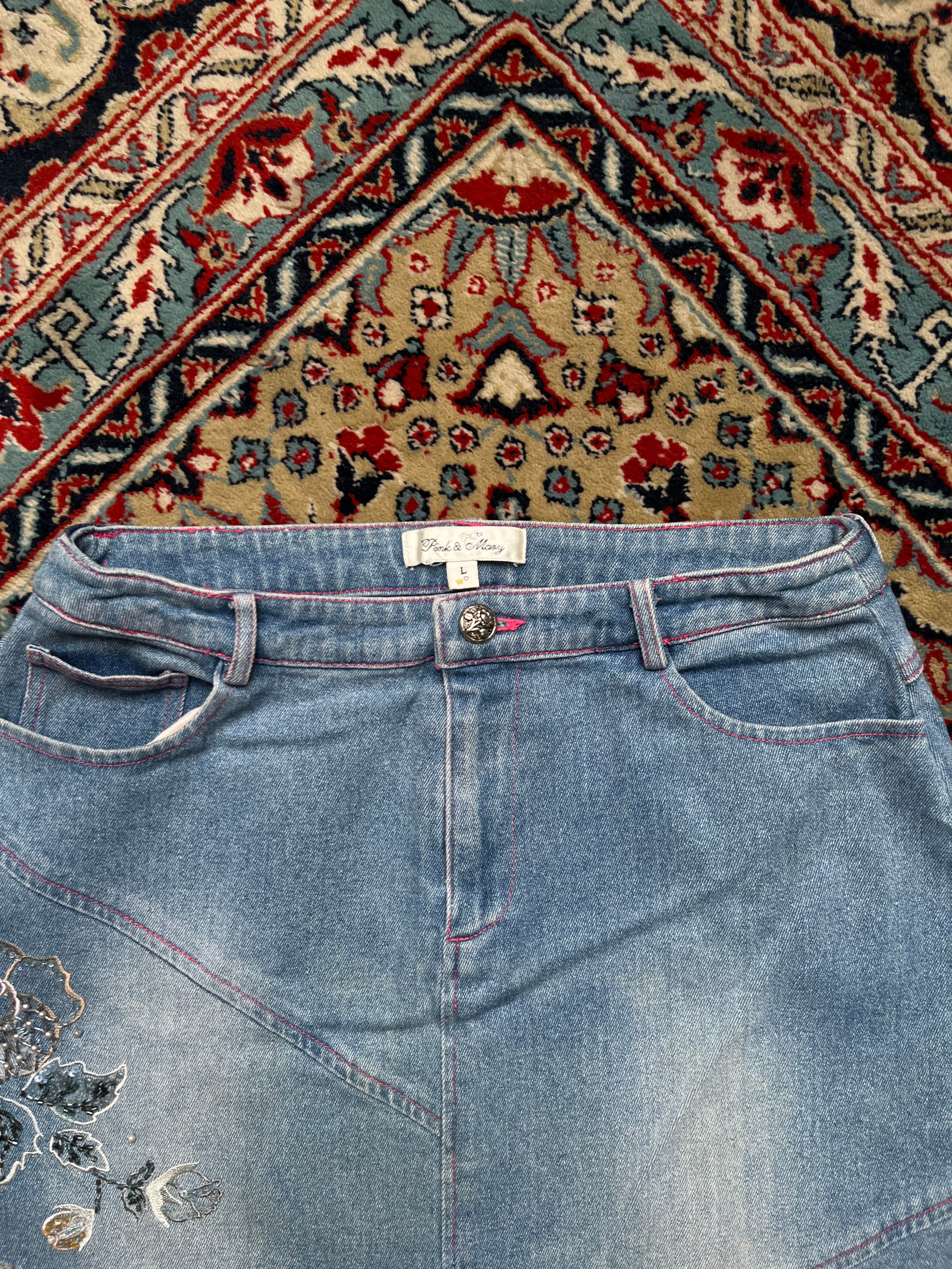 Pink & Mary Light WashED Sequined Beaded Embroidered Floral Denim Skirt - 28