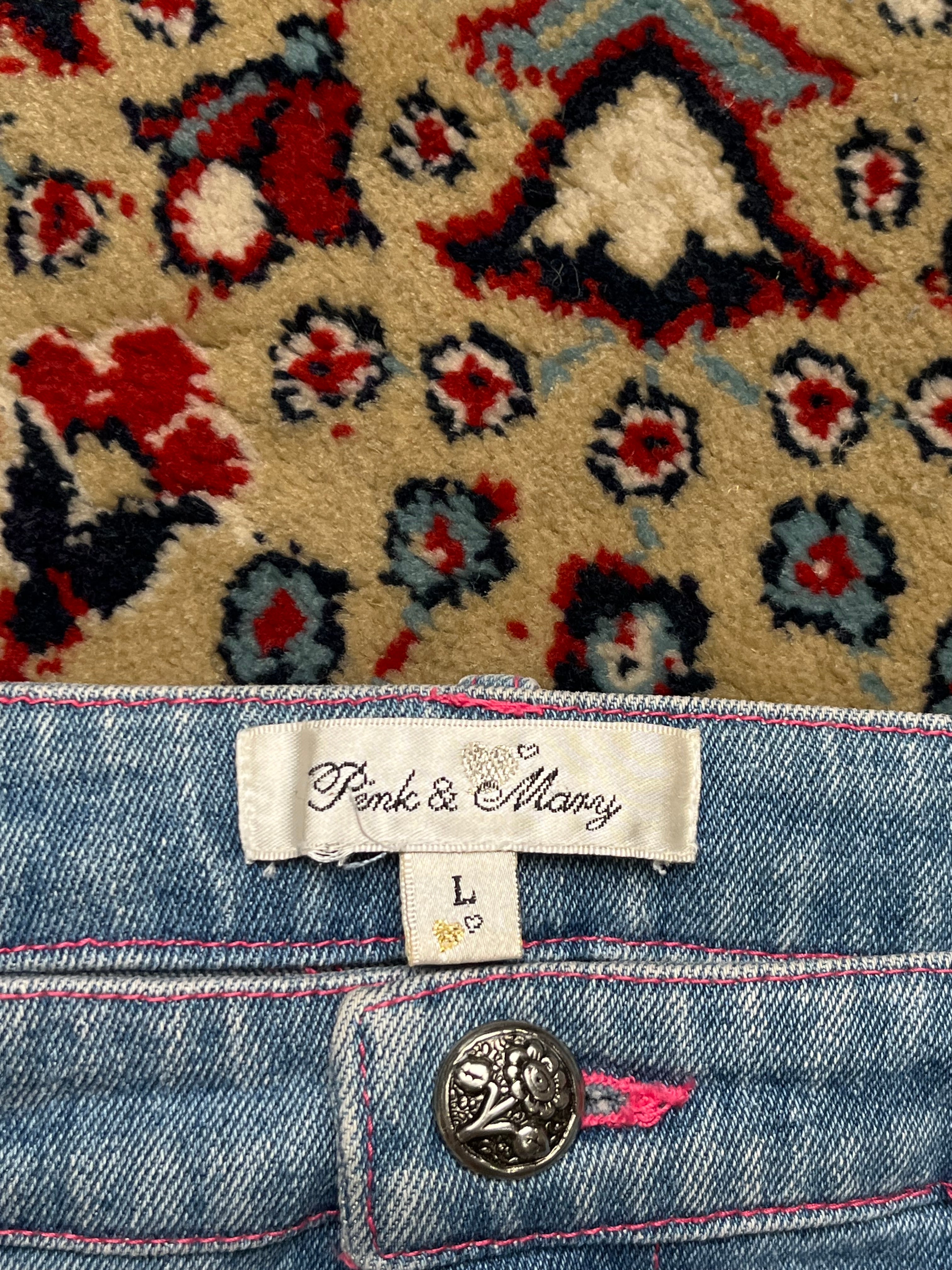 Pink & Mary Light WashED Sequined Beaded Embroidered Floral Denim Skirt - 28