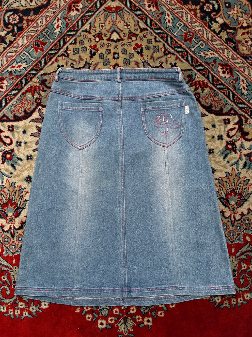 Pink & Mary Light WashED Sequined Beaded Embroidered Floral Denim Skirt - 28