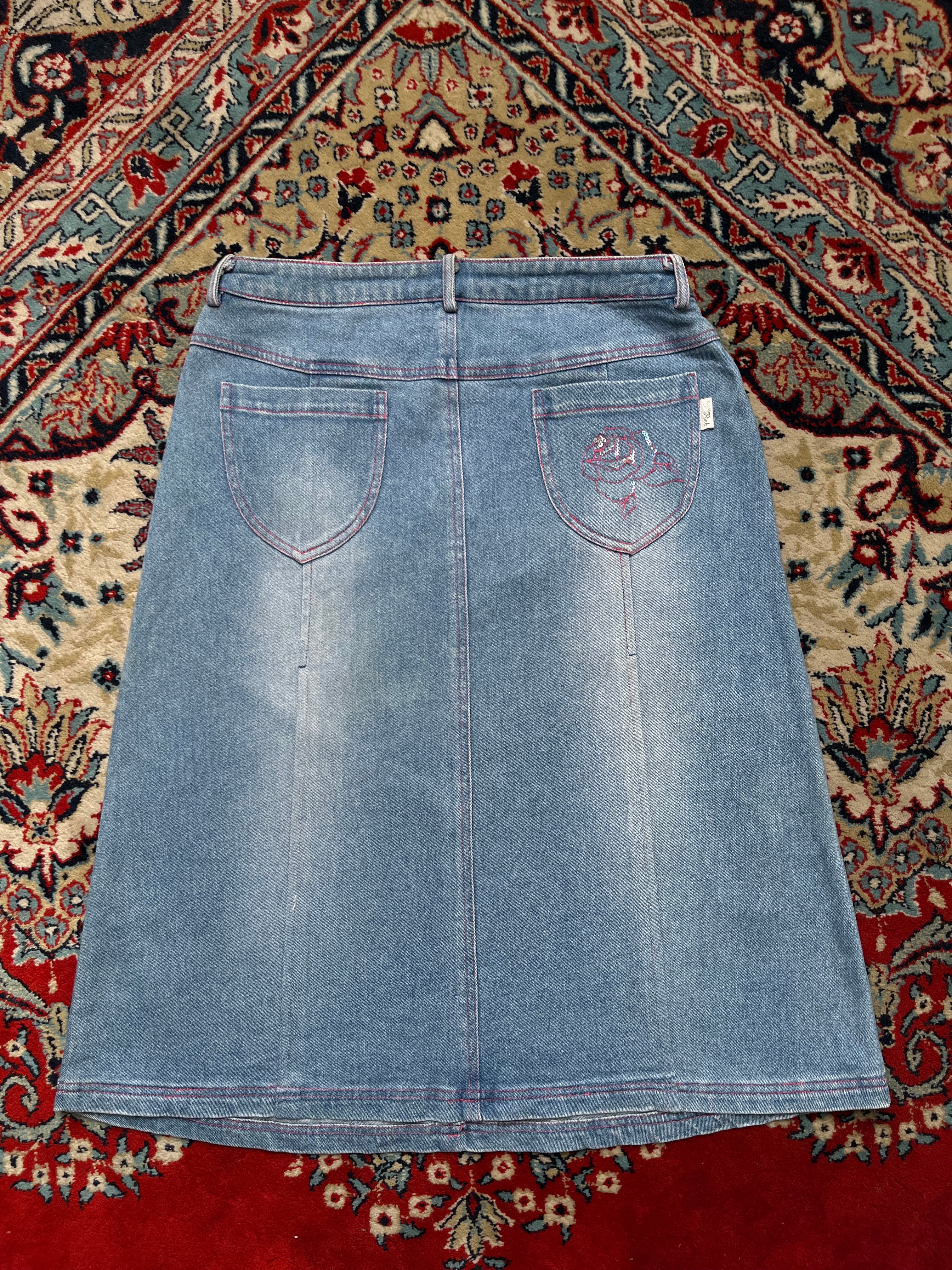 Pink & Mary Light WashED Sequined Beaded Embroidered Floral Denim Skirt - 28