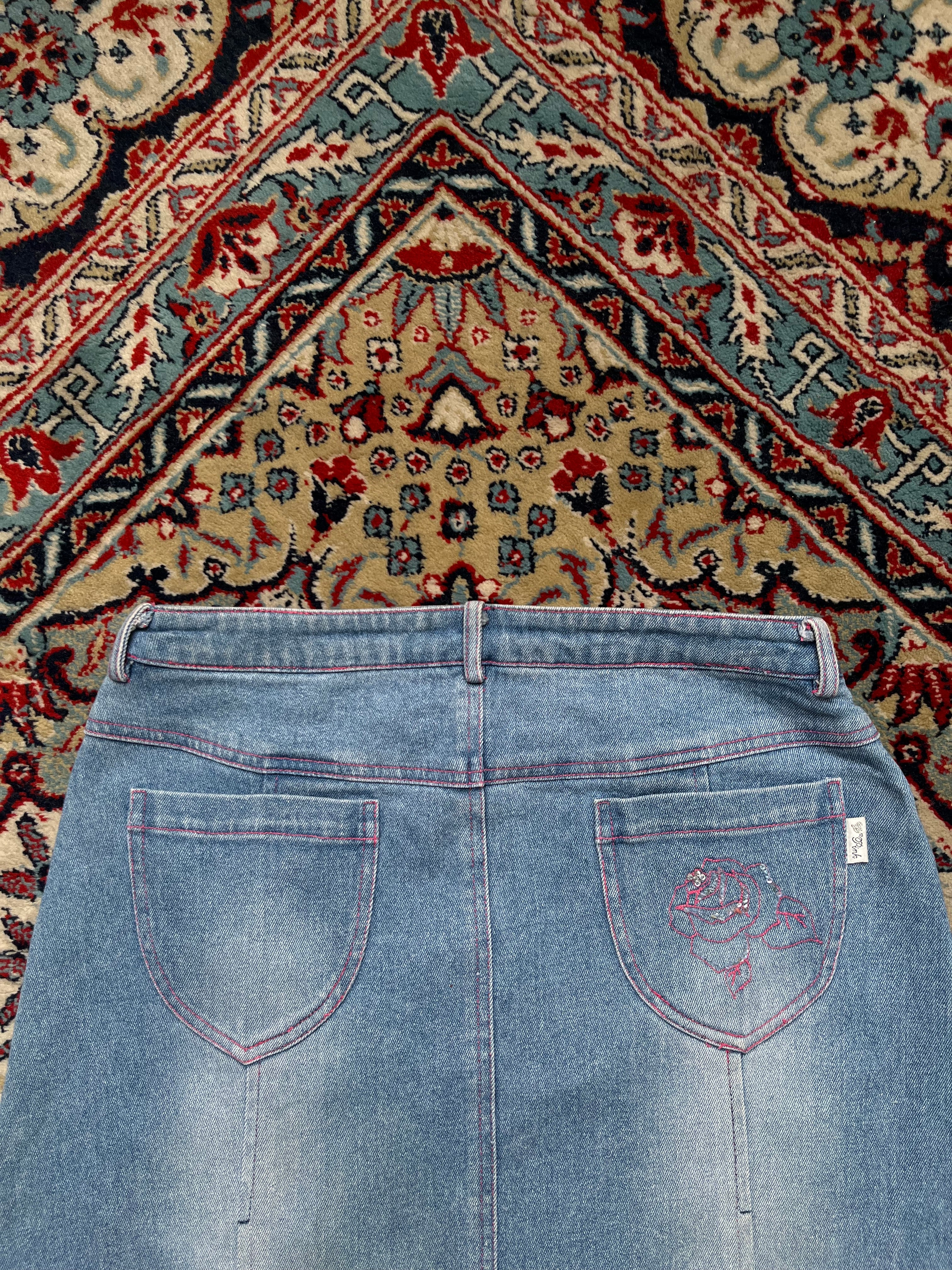 Pink & Mary Light WashED Sequined Beaded Embroidered Floral Denim Skirt - 28