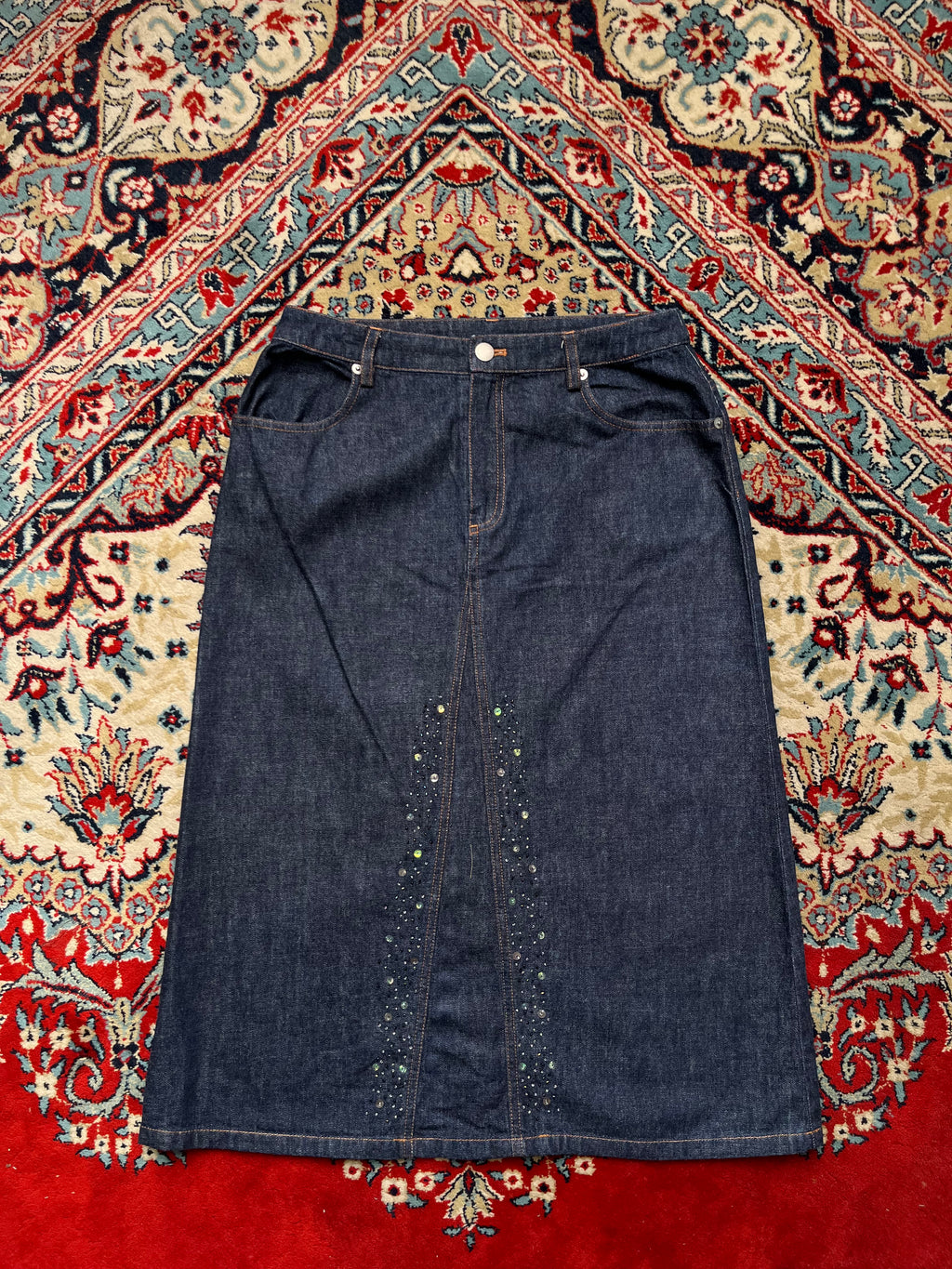 Vintage Denim Women Dark WashED Rhinestone Beaded SKIRT - 26