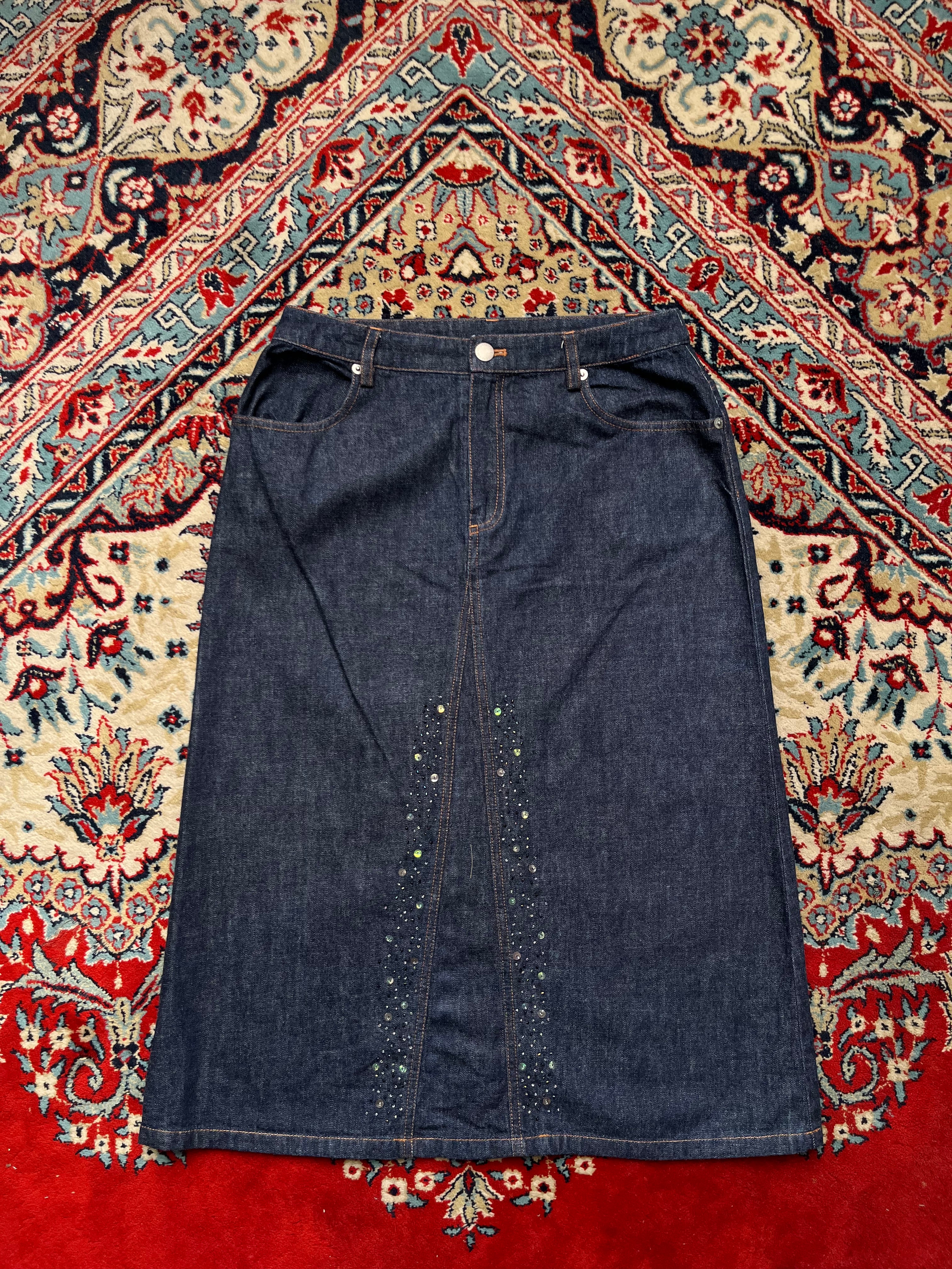 Vintage Denim Women Dark WashED Rhinestone Beaded SKIRT - 26