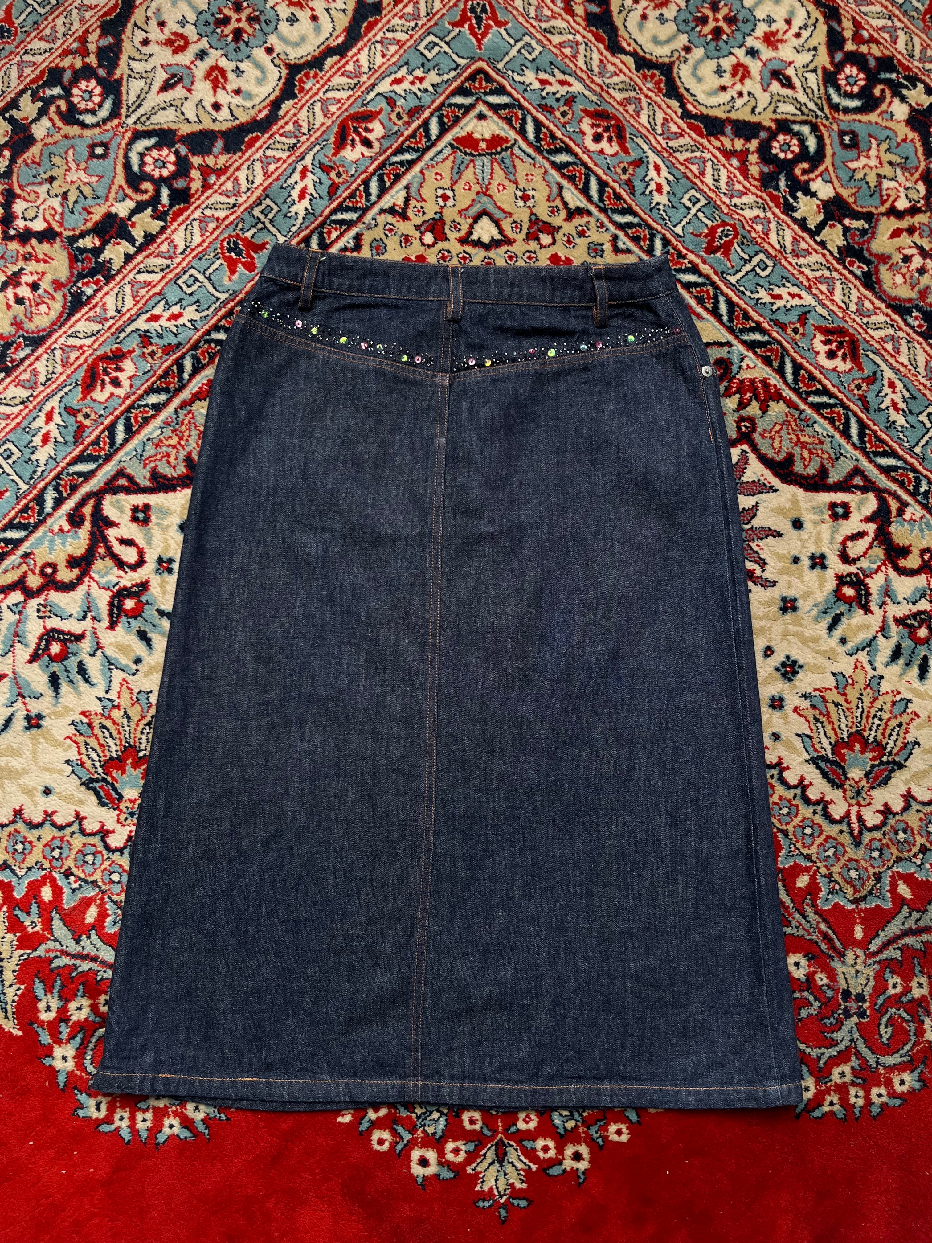 Vintage Denim Women Dark WashED Rhinestone Beaded SKIRT - 26