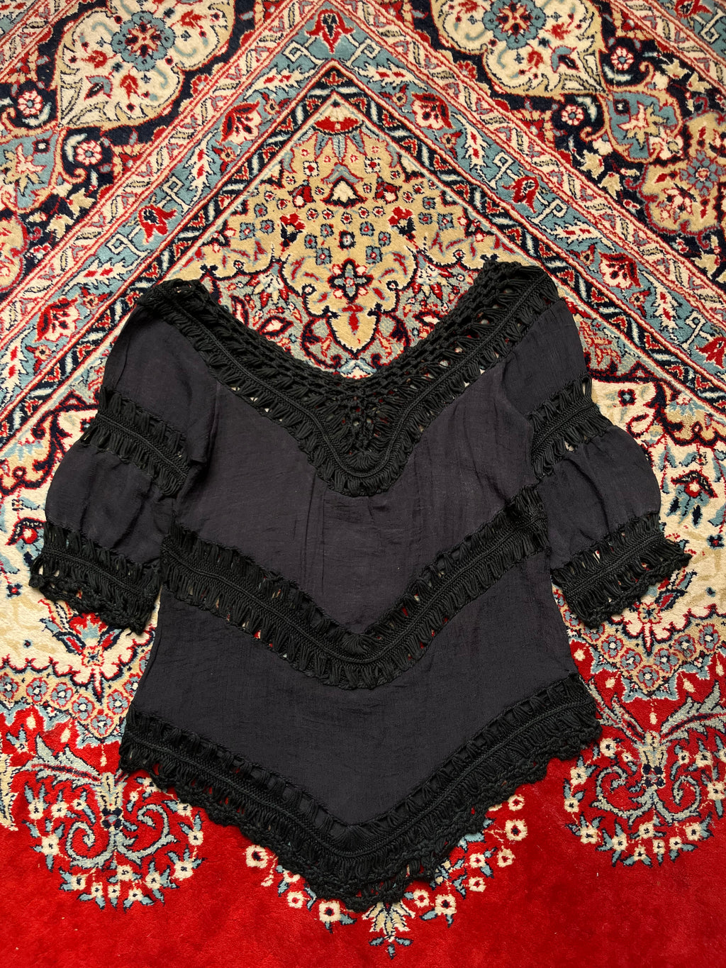 Women Black Blouse Crochet Lace Chevron Top - S