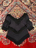Women Black Blouse Crochet Lace Chevron Top - S